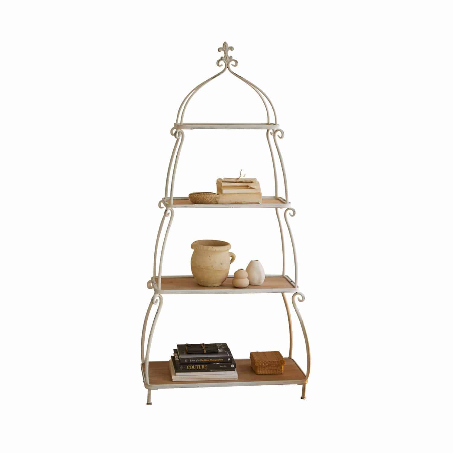 Scaffale Kellington Scaffale bianco in metallo con ripiani in legno e decorazioni per soggiorno o ufficio
