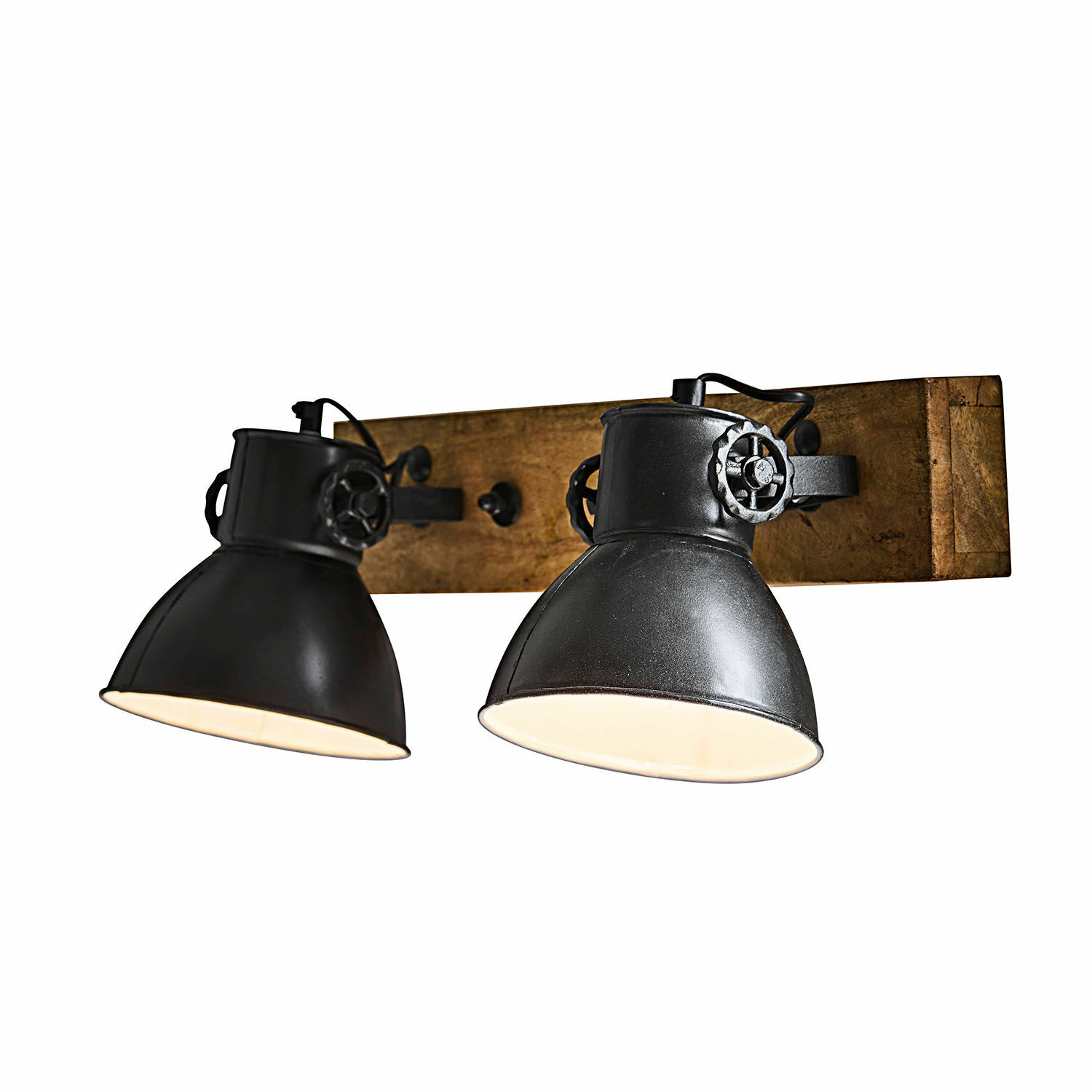 Lampada da parete Périgné Applique da parete nera in metallo con due paralumi regolabili su base in legno, stile industriale
