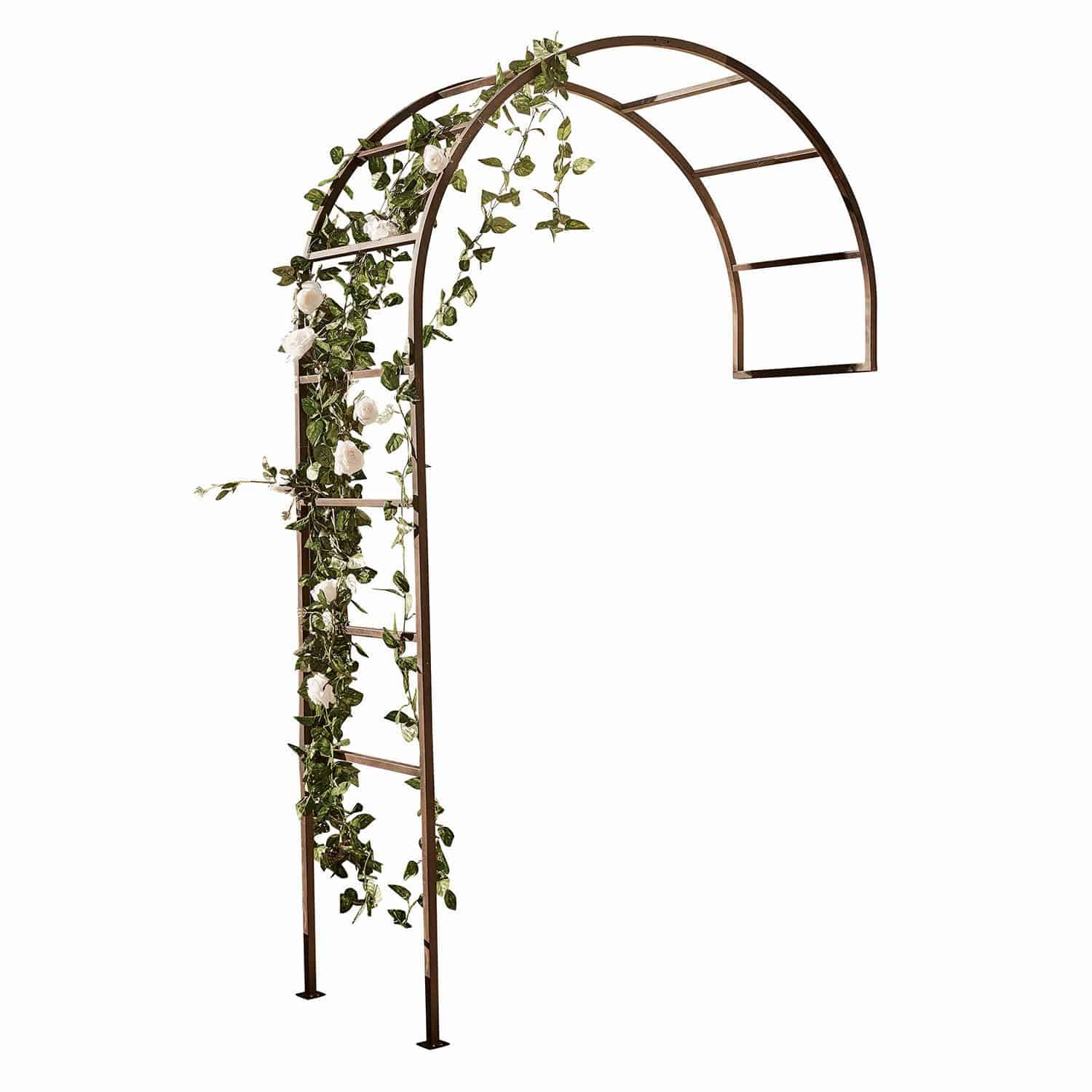Arco da giardino Auburn Pergola ad arco in metallo marrone con foglie verdi e fiori bianchi per giardino