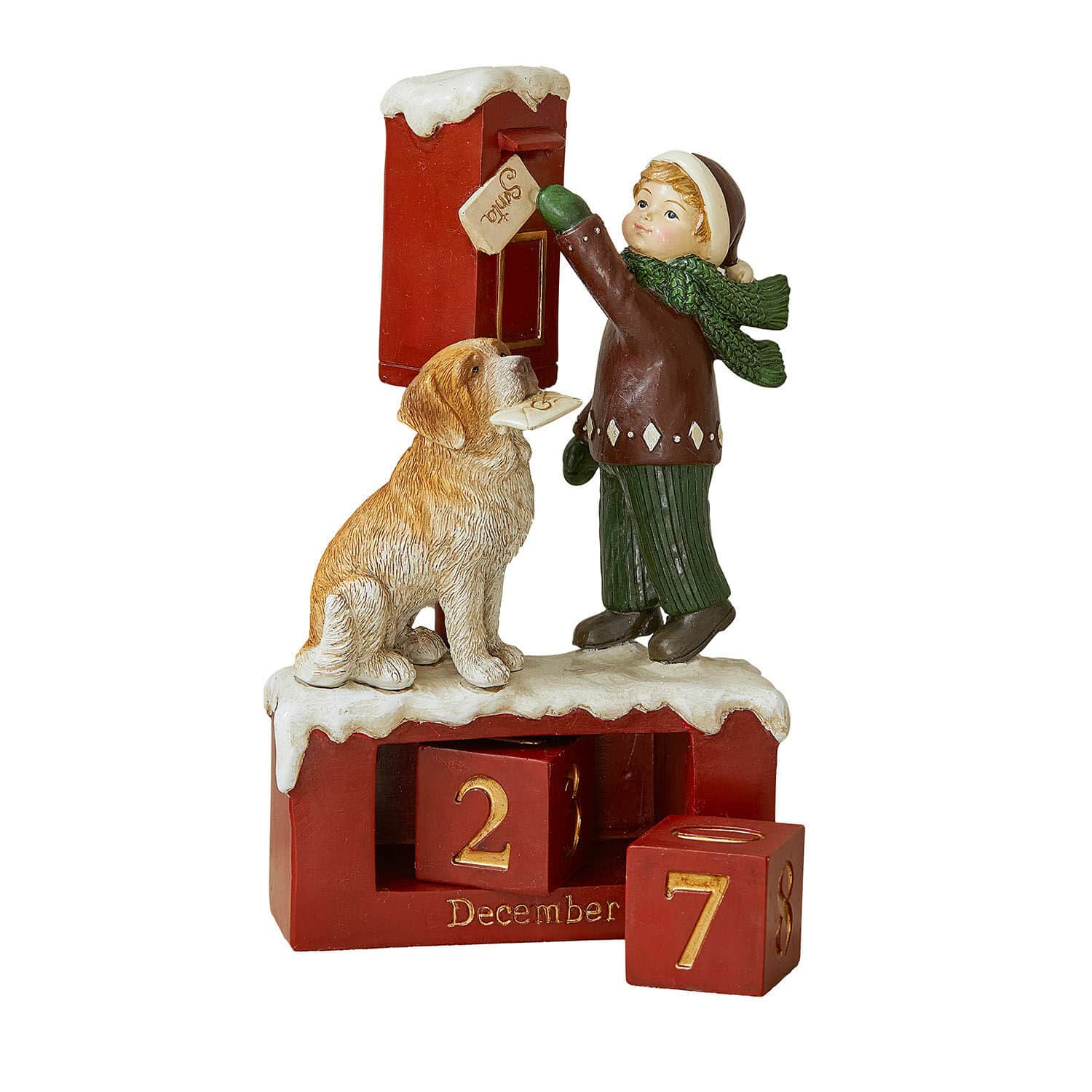 Calendario Norrholm Calendario dell'Avvento con figura di bambino e cane vicino a cassetta postale rossa a dicembre