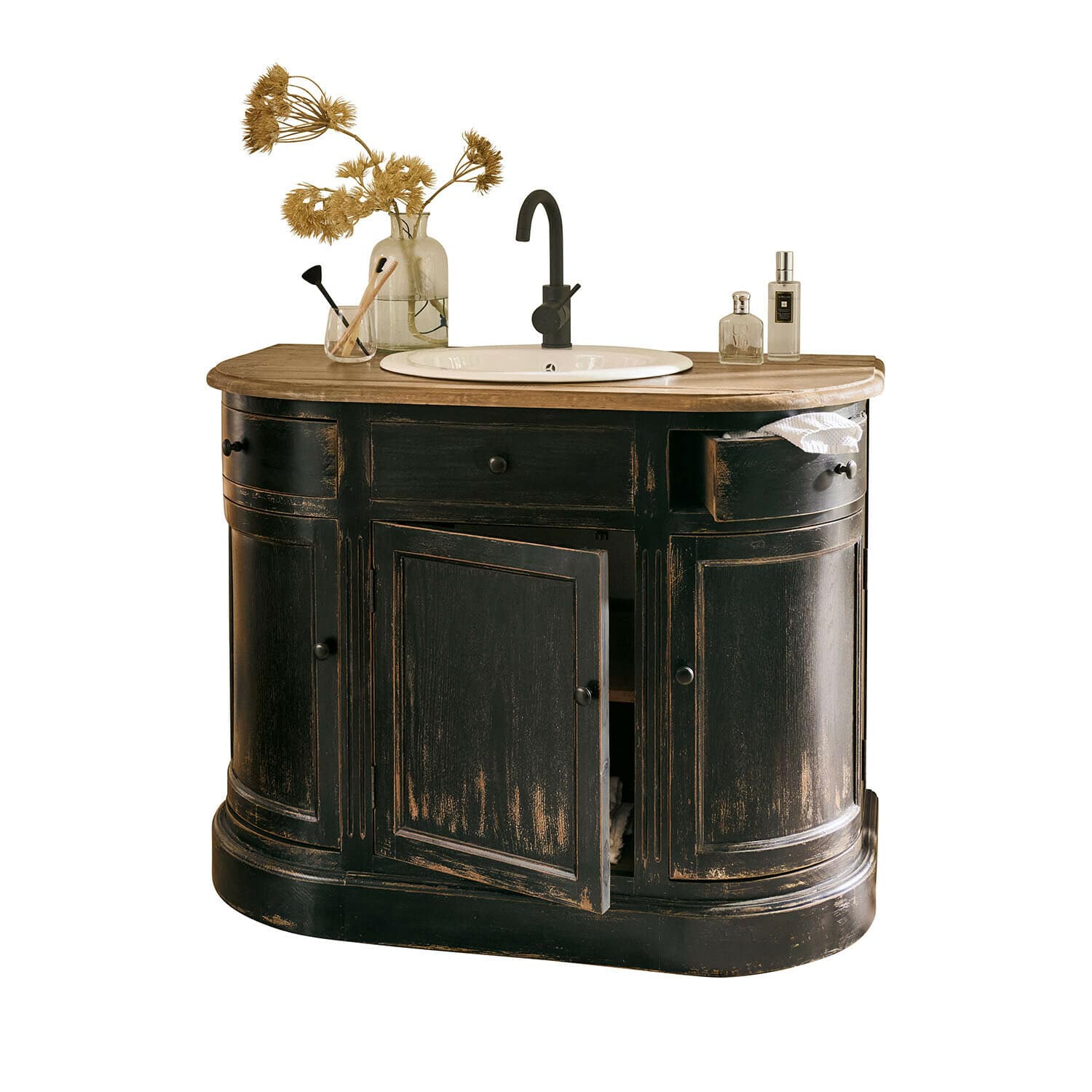 Mobile con lavabo Louisiana Mobile bagno nero in legno con lavabo bianco e piano in legno chiaro stile rustico