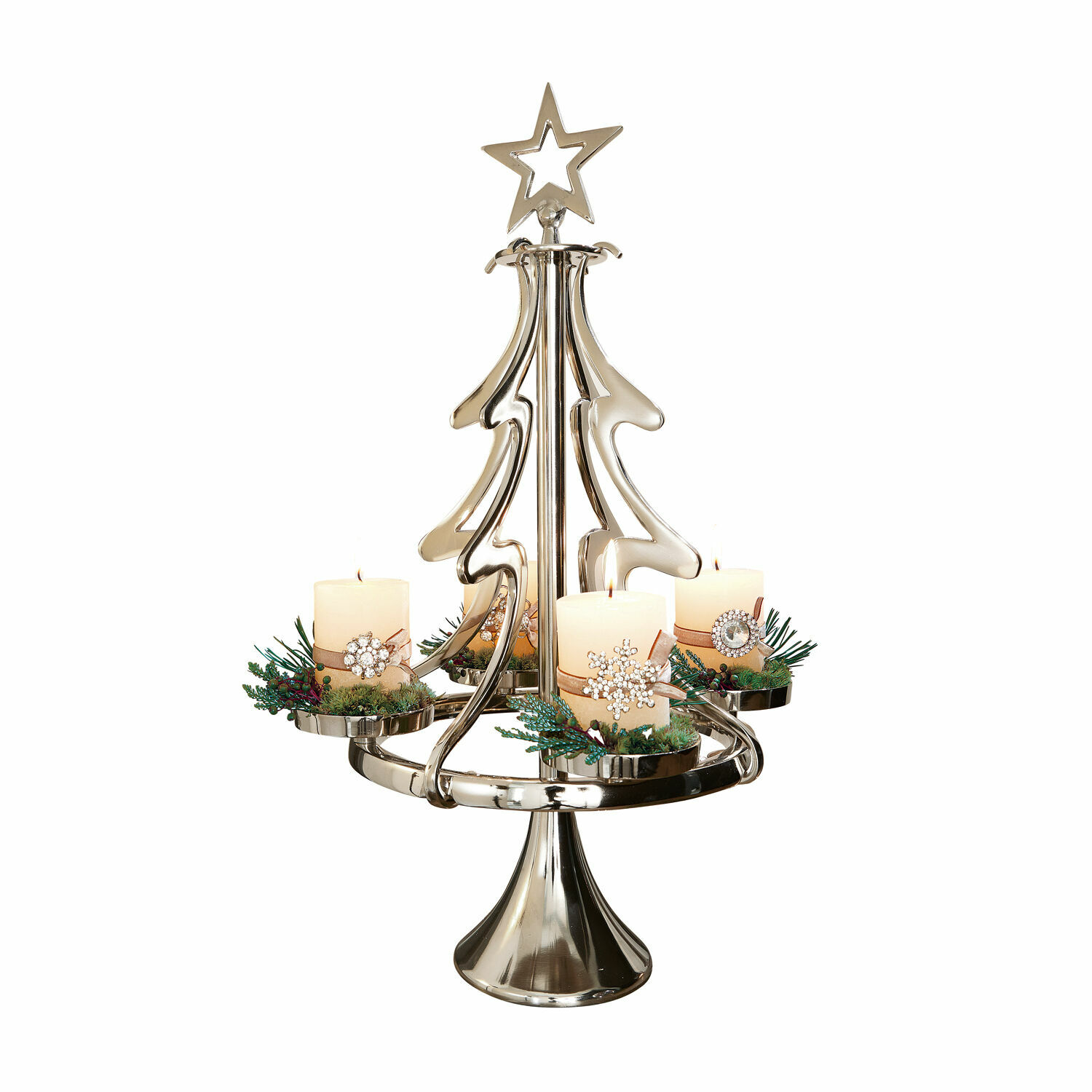 Supporto per candele dell’Avvento Gaetana Portacandele in metallo a forma di albero con quattro candele bianche e decorazioni natalizie