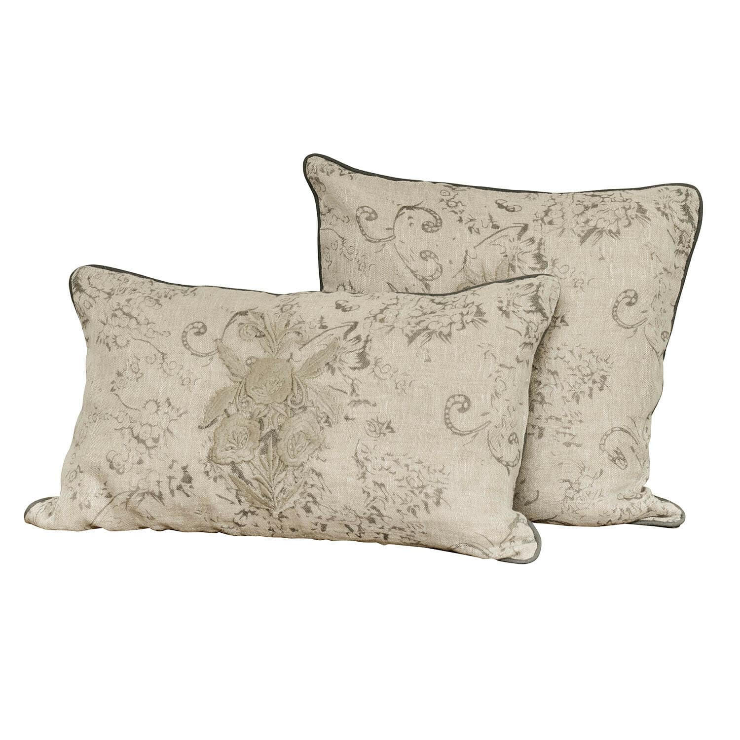 Coppia di copricuscini Tenerosa Set di due cuscini decorativi beige in lino con motivo floreale e bordatura grigia