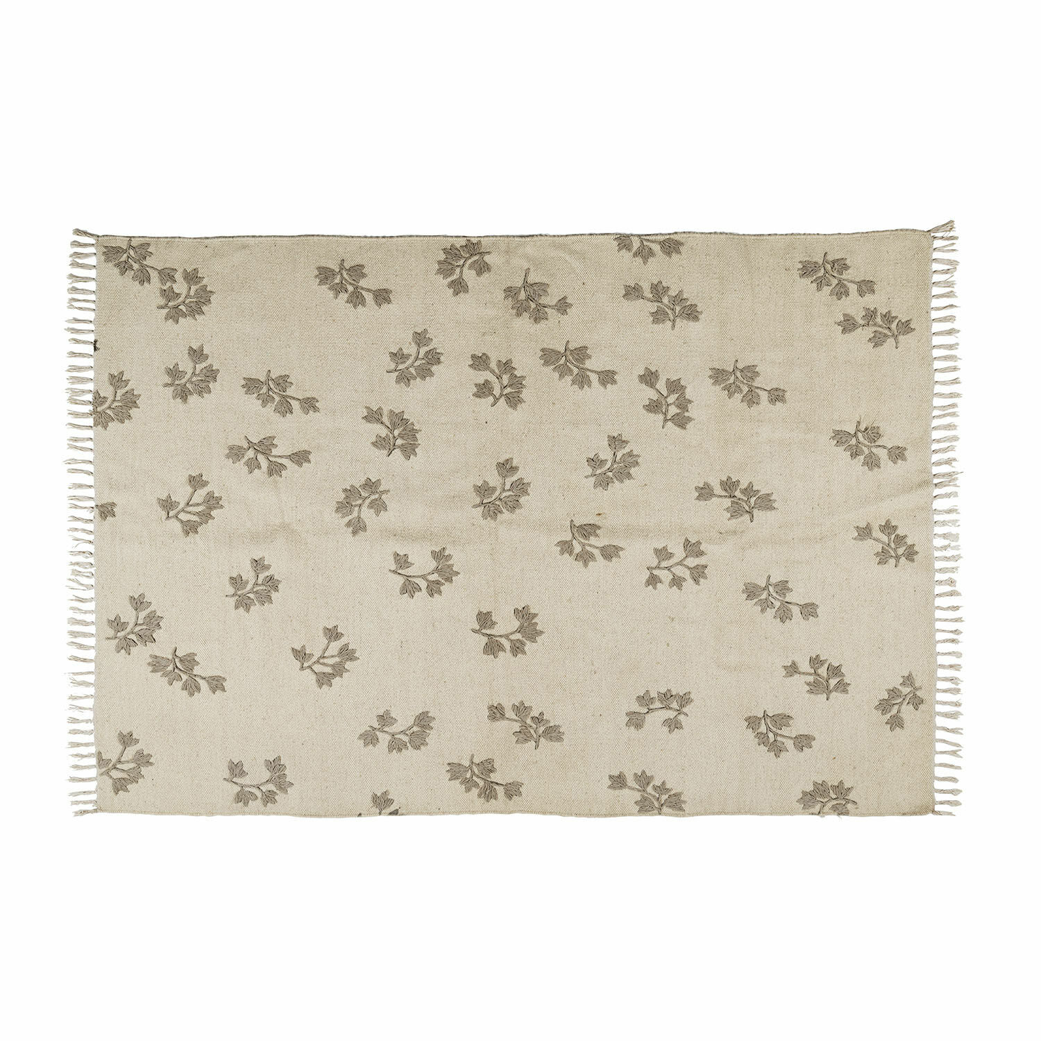 Tappeto Galorique Tappeto beige in cotone con motivo foglie marroni e frange, decorativo e naturale