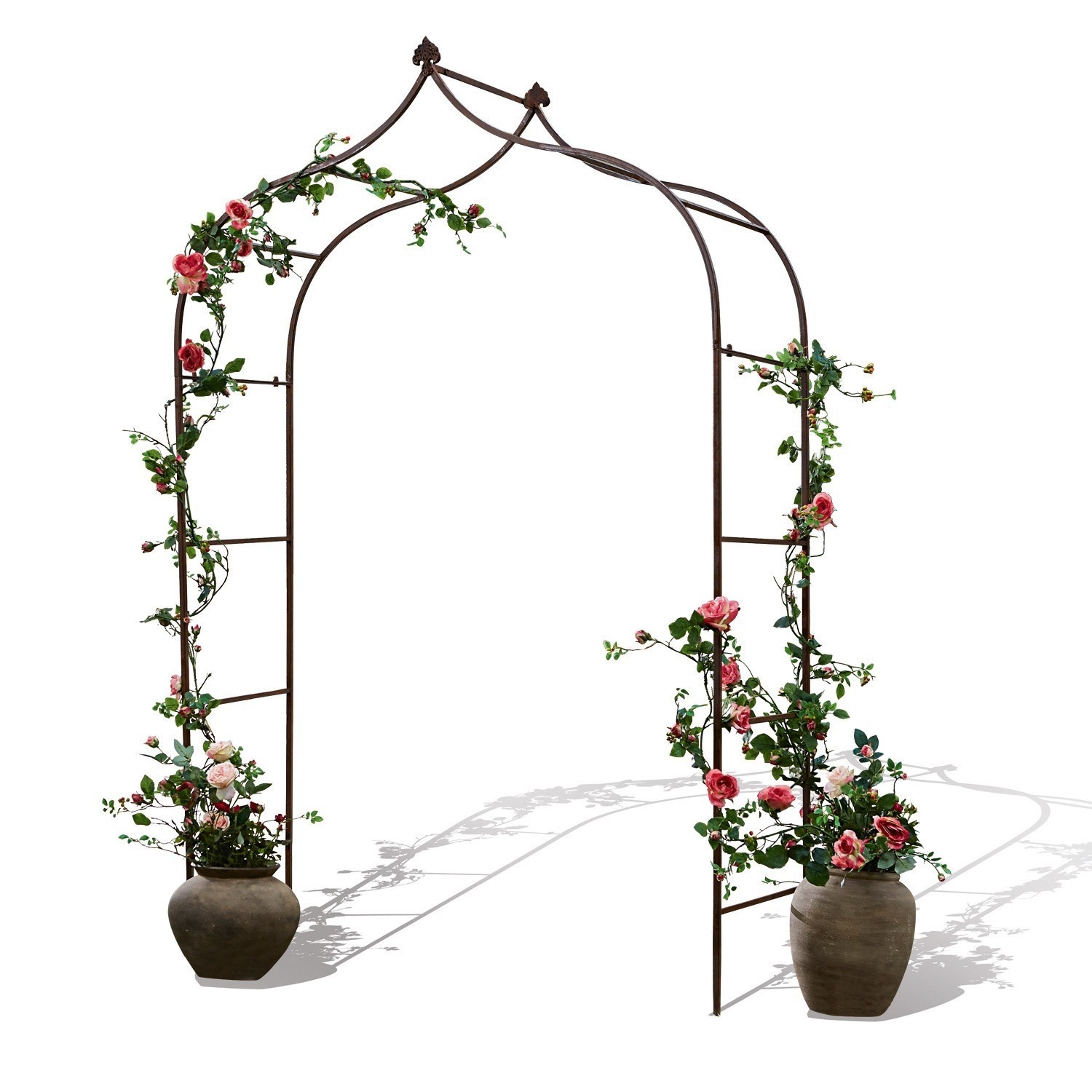 Arco da giardino Dimarus Arco da giardino in metallo marrone con fiori rosa in vasi, decorazione esterna