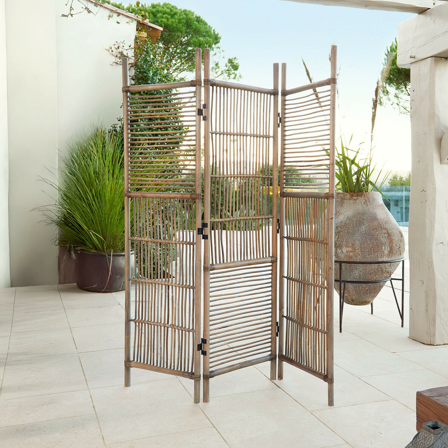 Paravento in bambù naturale a tre pannelli, leggero e decorativo per interni ed esterni