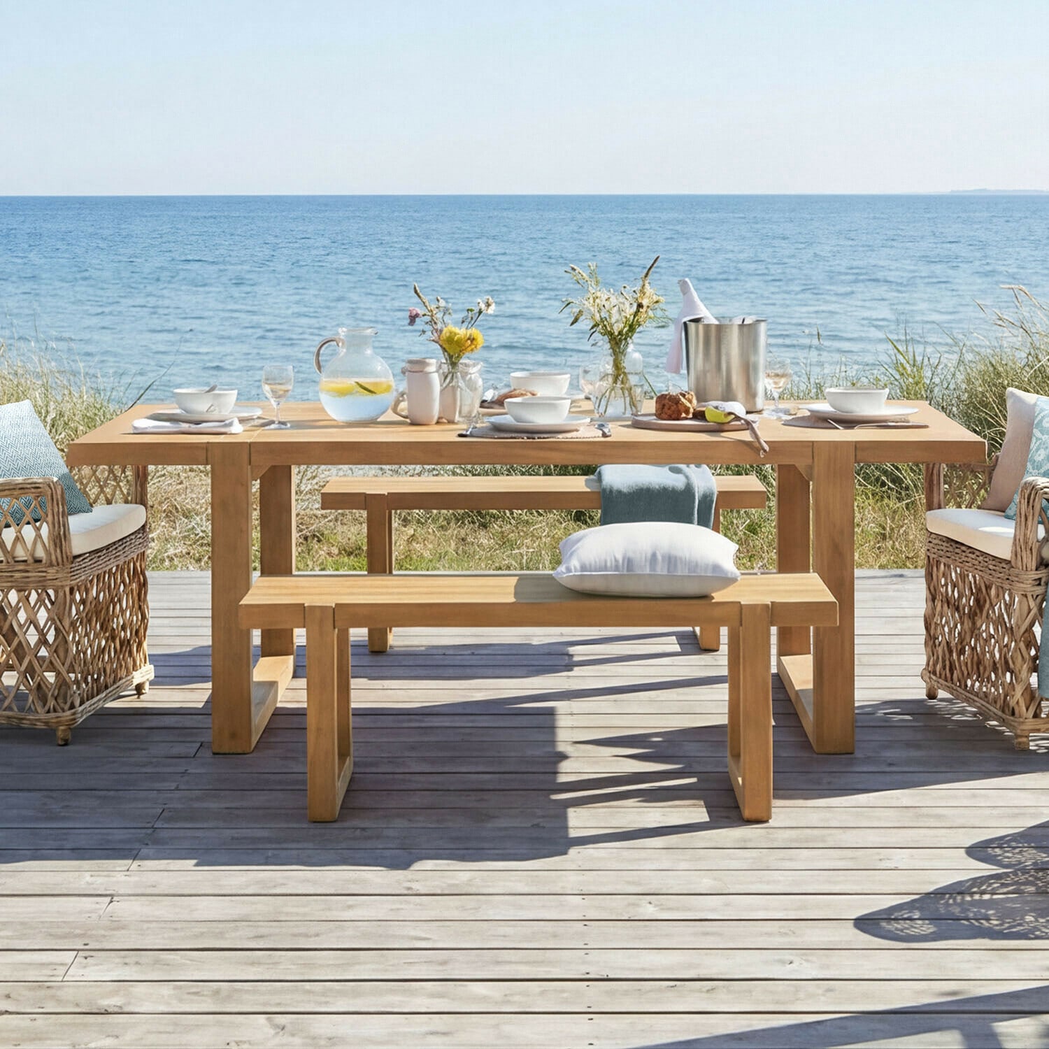 Tavolo Halinor Tavolo da giardino in legno con panche e poltrone in vimini sul mare, decorato con stoviglie e fiori