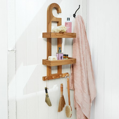 Mensola da parete in legno naturale con ganci e accessori da bagno, colore legno naturale, spazio pratico