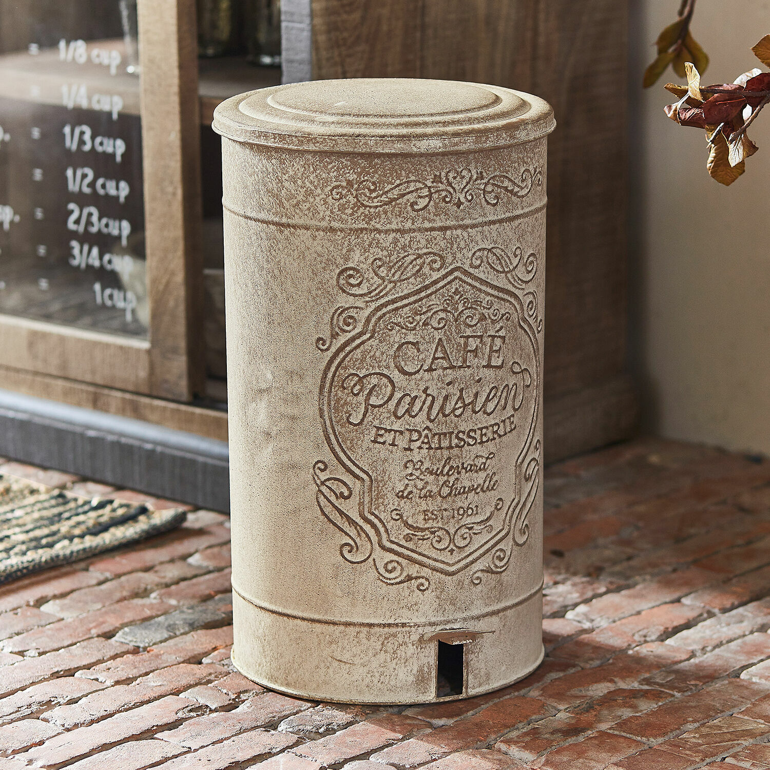 Pattumiera Flistar Cestino in metallo beige con scritta francese e motivo decorativo per cucina vintage