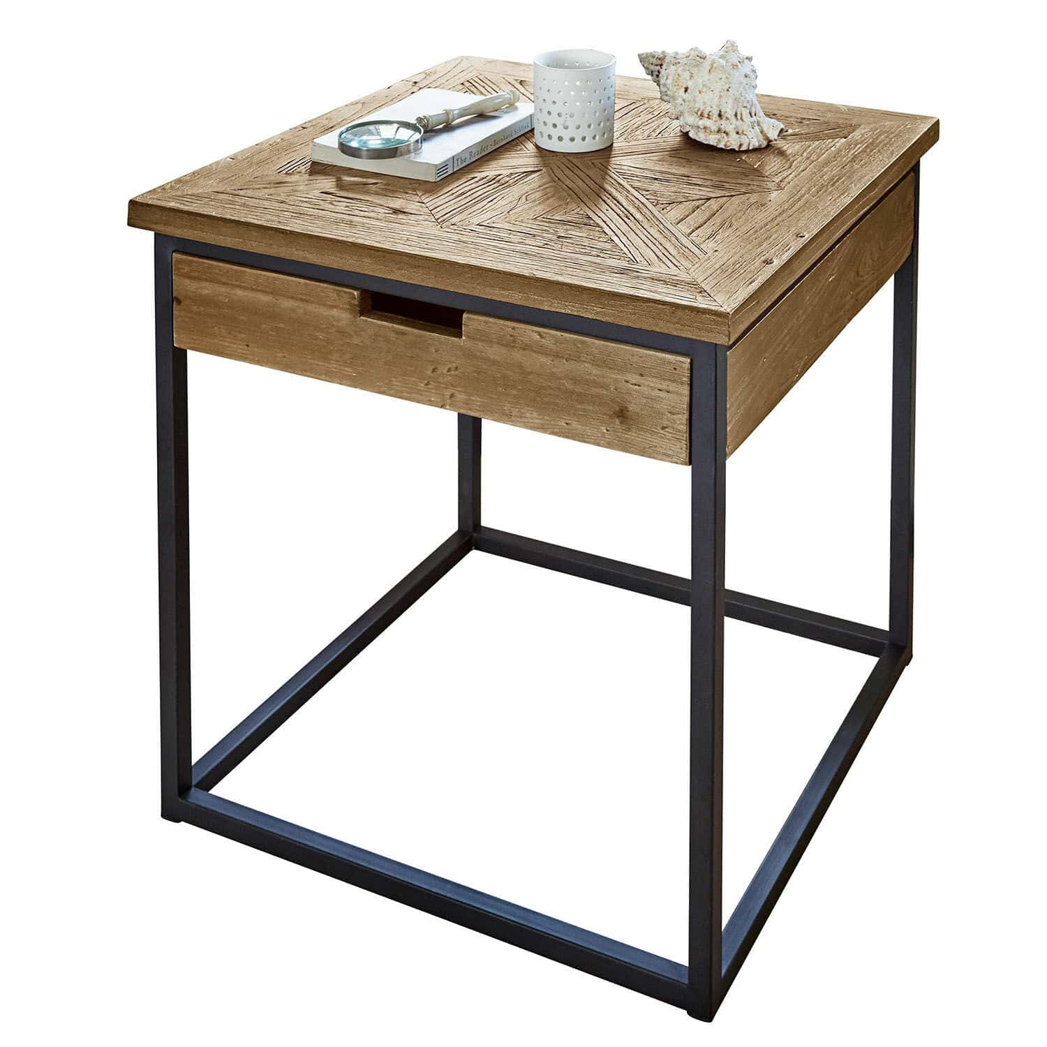 Tavolino di complemento Lépaud Tavolino quadrato in legno naturale e metallo nero con cassetto e decorazioni sul piano