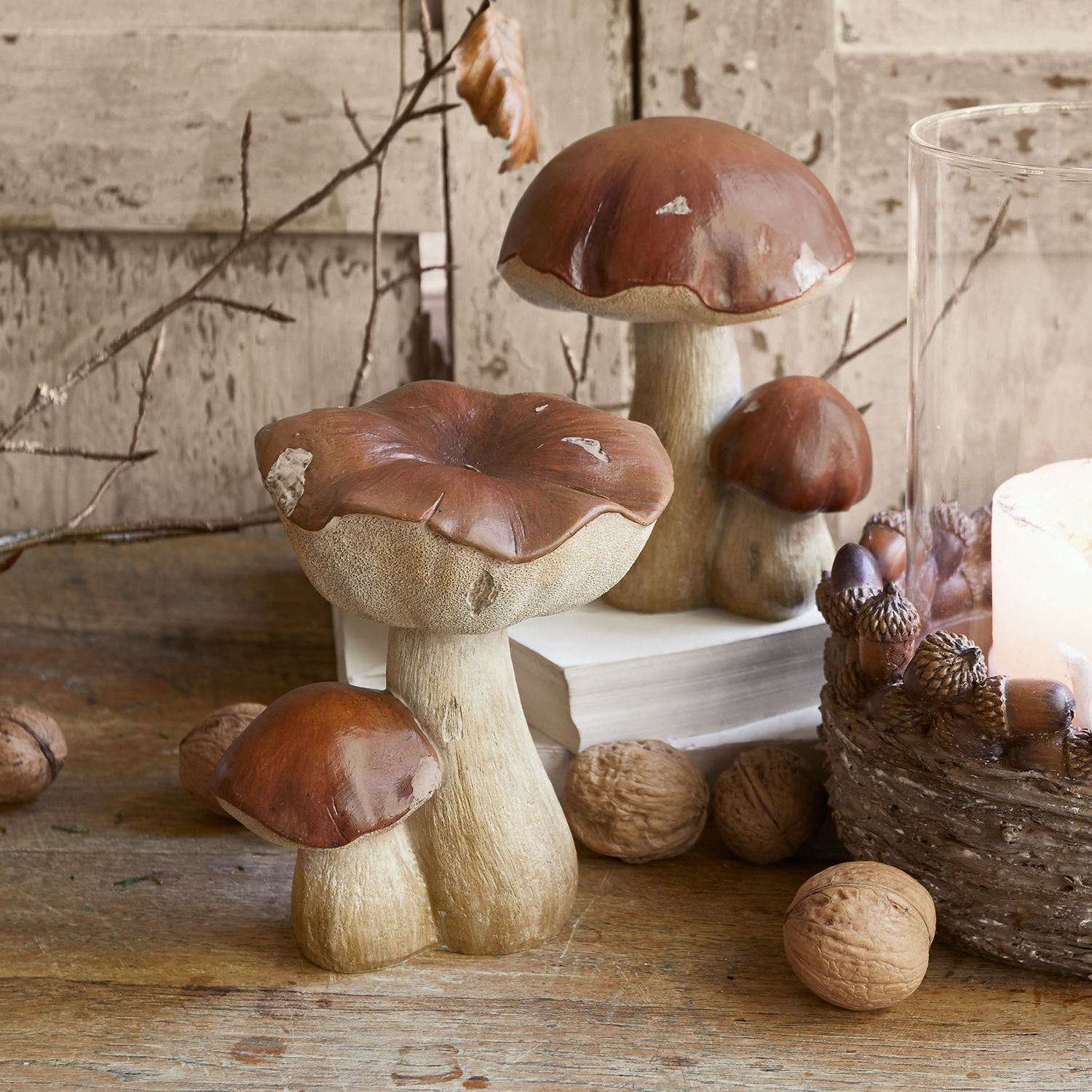 Coppia di funghi decorativi Beenie Funghi decorativi in resina marrone e beige su tavolo in legno con noci