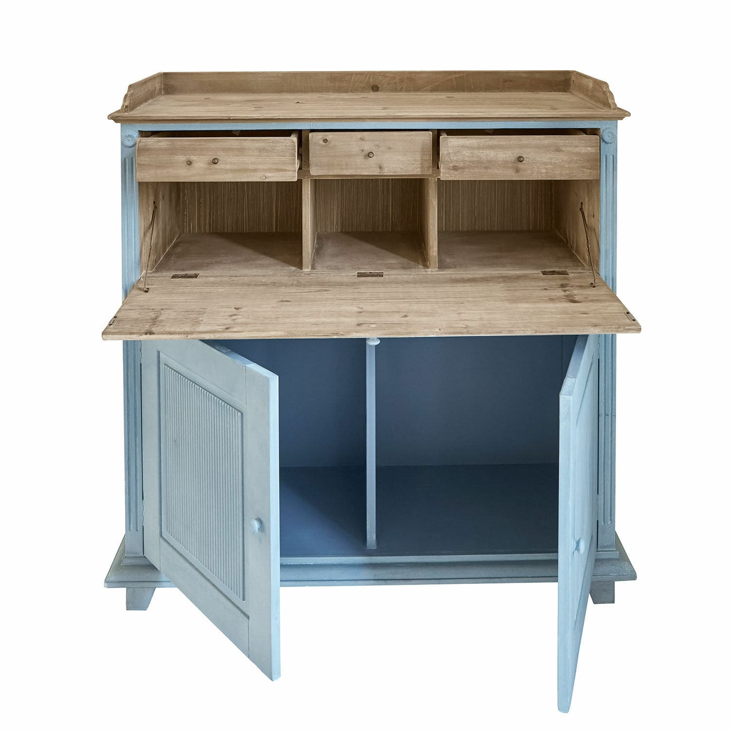 Secrétaire Marignelle Comò in legno con ante blu e piano naturale, cassetti e ripiani pratici per riporre oggetti
