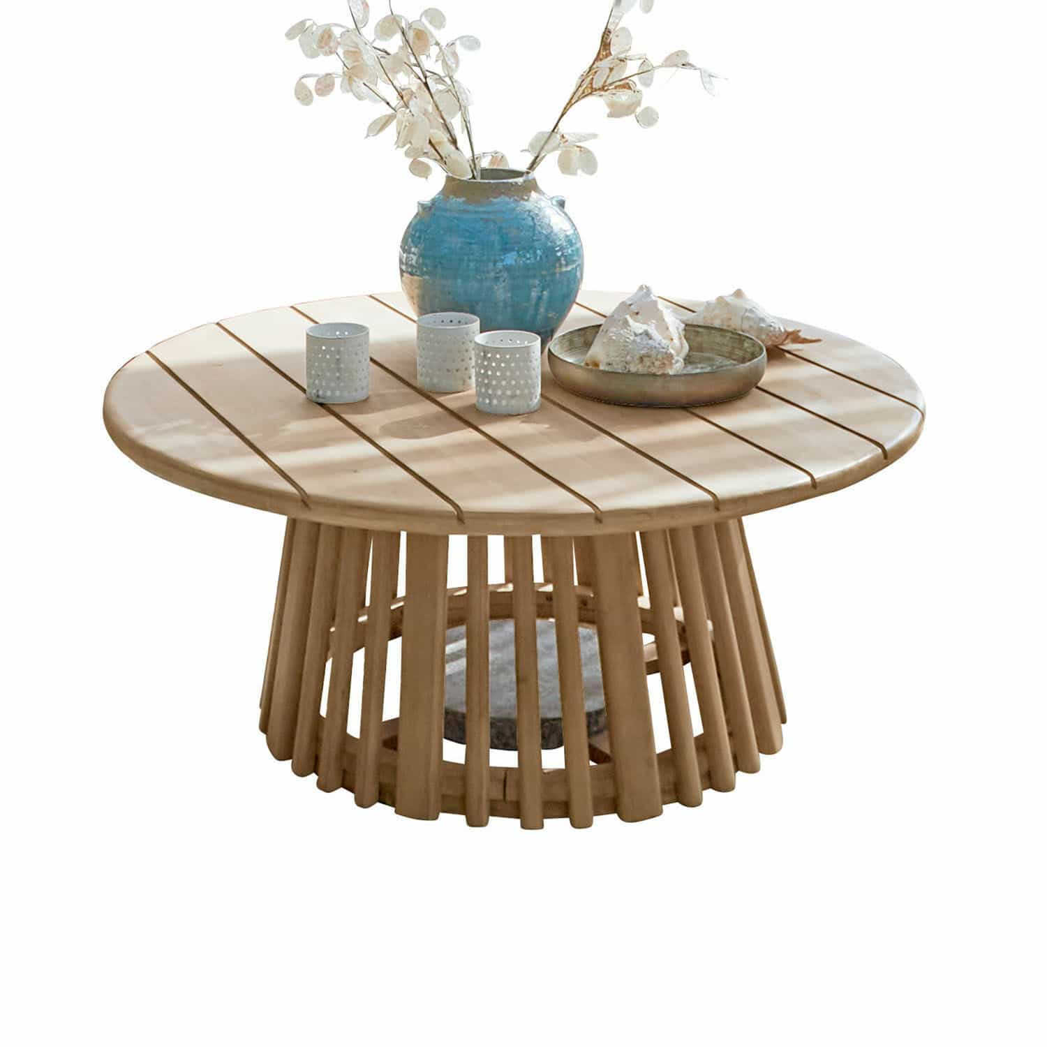 Tavolino da salotto FSC®-100% Tewsbury Tavolino rotondo in legno chiaro con decorazioni sul piano per soggiorno moderno