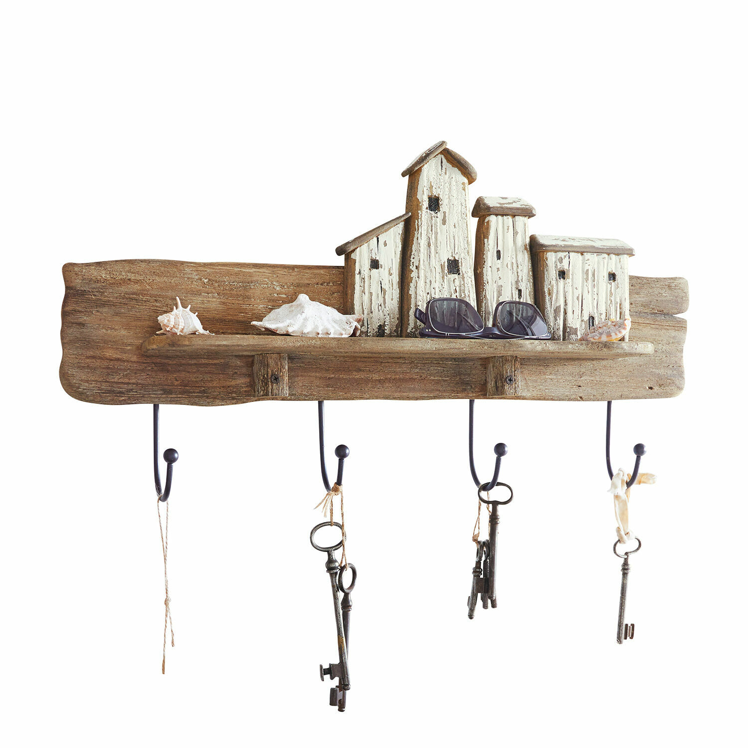 Mensola con ganci Charmani Portachiavi da parete rustico in legno con decorazioni di casette e conchiglie in stile marino
