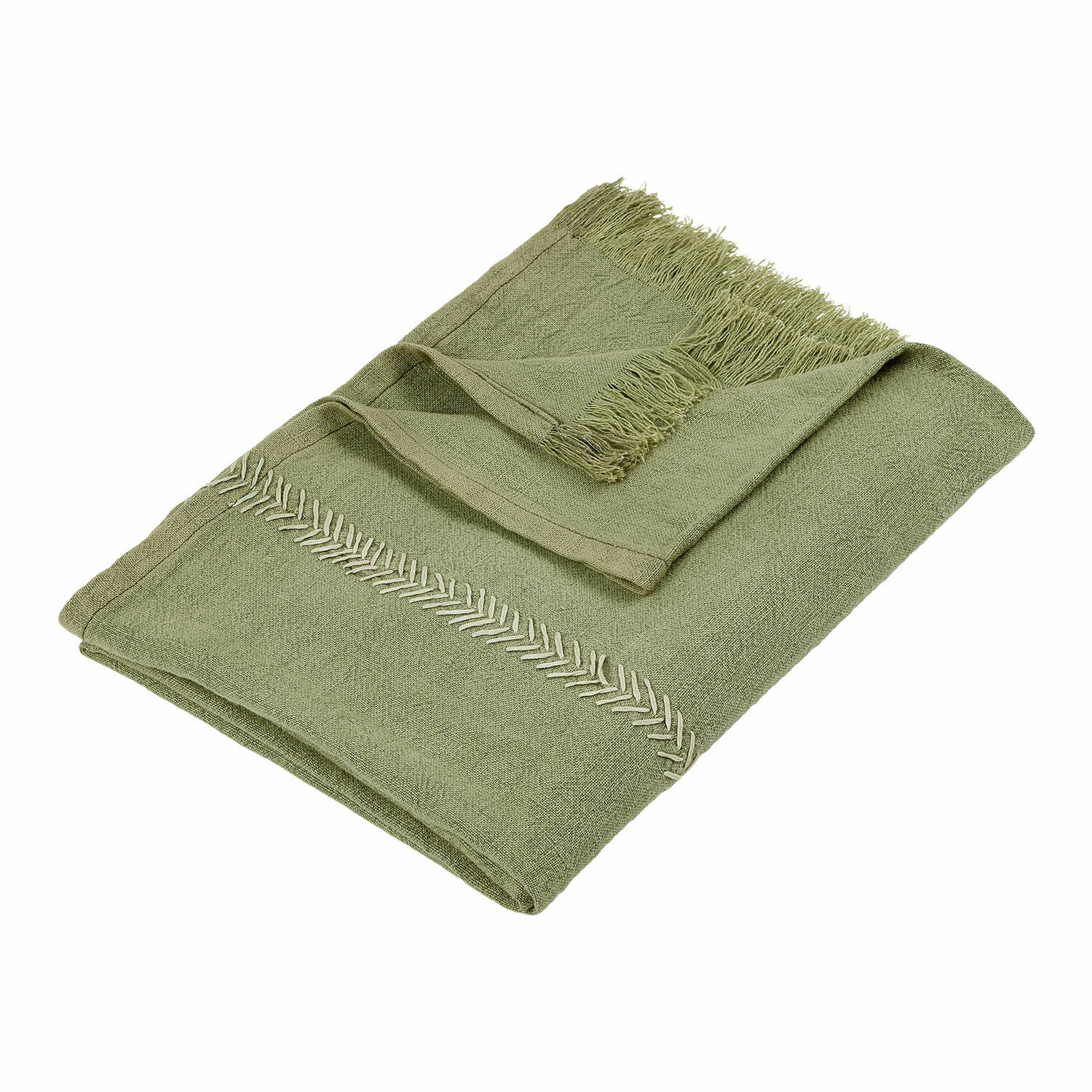 Coperta Odelia Coperta verde in cotone con frange e cucitura decorativa, tessile morbido e decorativo per la casa