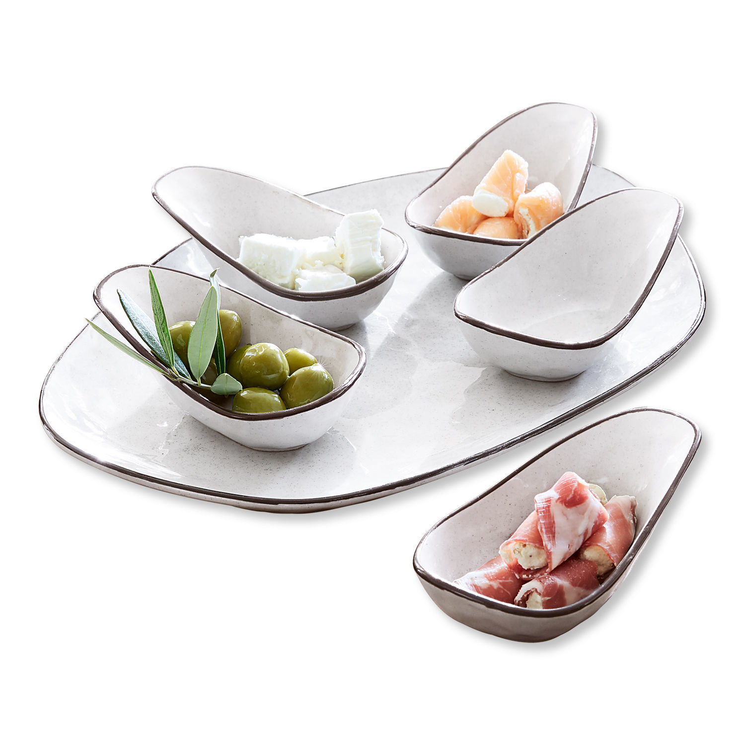 Set di 6 ciotoline su piatto Biarré Set di ciotole in ceramica crema con bordo marrone per antipasti e olive