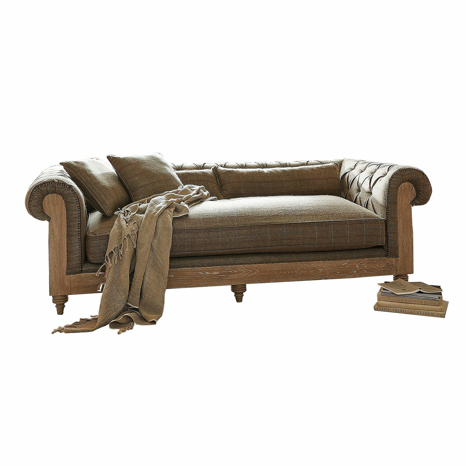 marrone Divano Kanani marrone in tessuto e legno con cuscini e coperta, mobile confortevole
