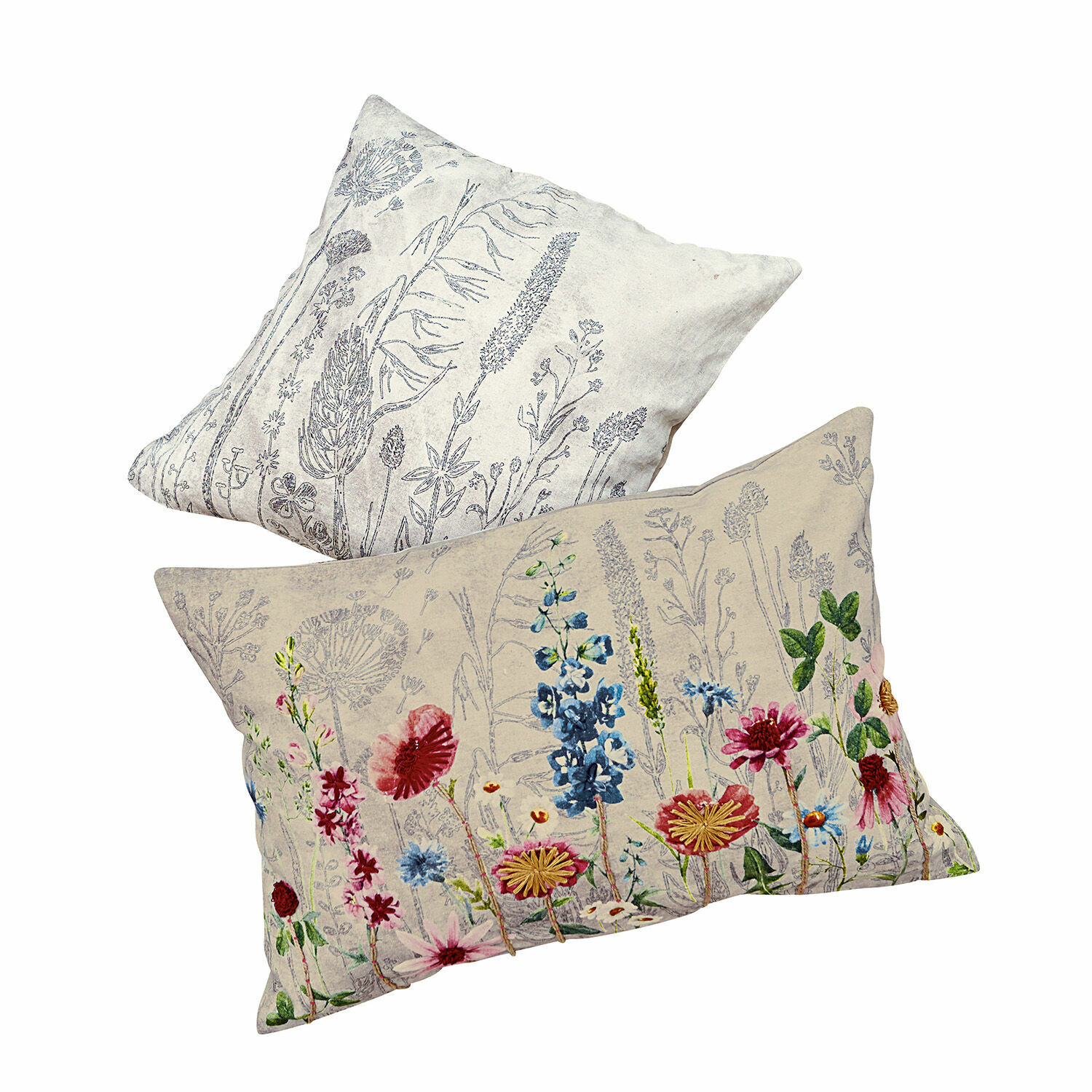 Coppia di copricuscini Eleonoire Set di due cuscini in lino beige e grigio con stampa floreale, tessuti decorativi per il soggiorno