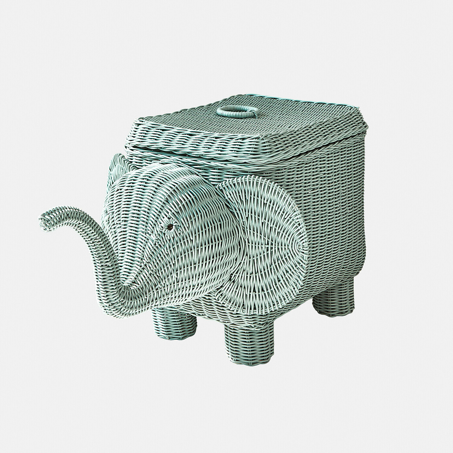 Contenitore in rattan a forma di elefante color menta, decorativo e funzionale per la casa
