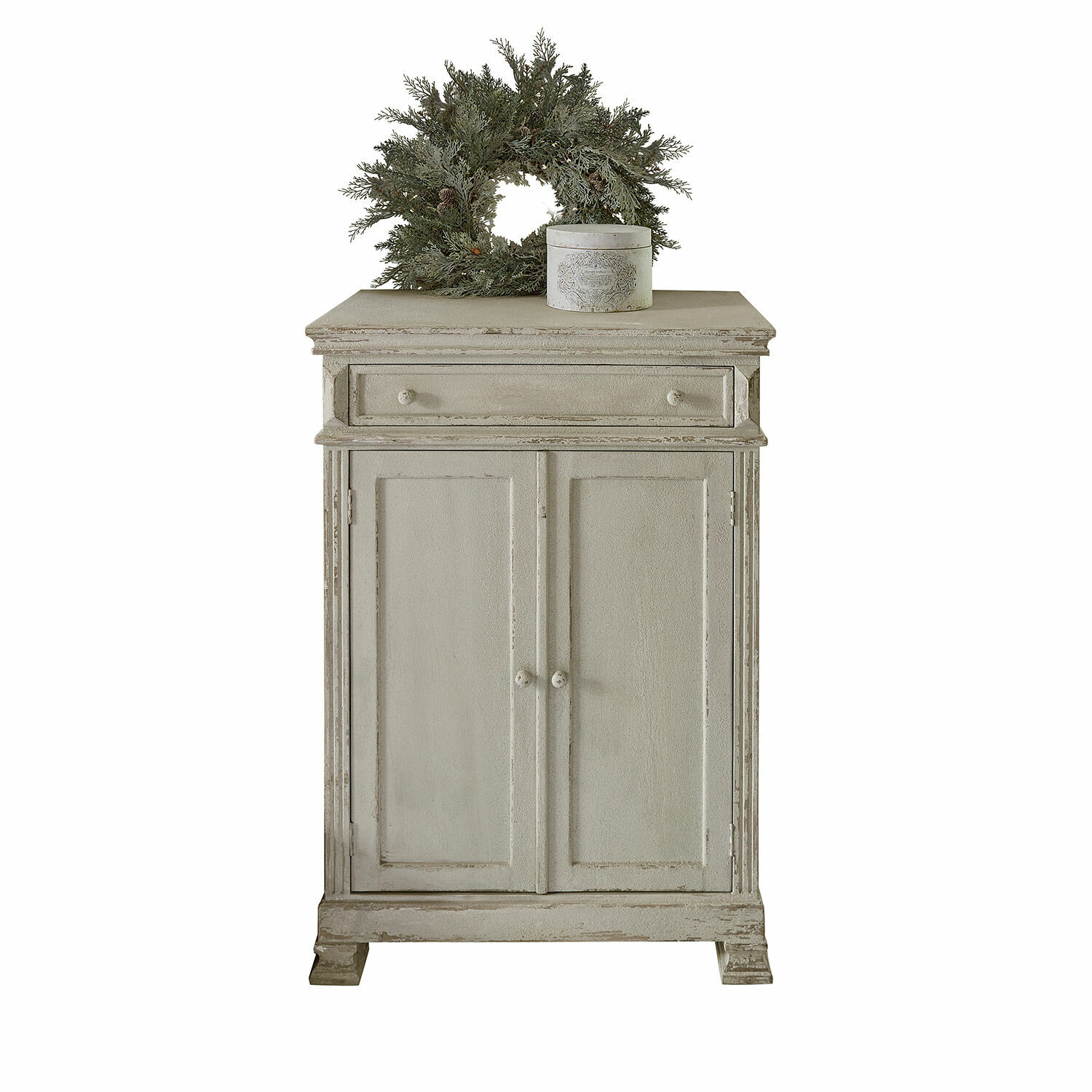 Credenza bassa Héloinette Comò grigio in legno con cassetto e due ante, decorato con corona verde e scatola