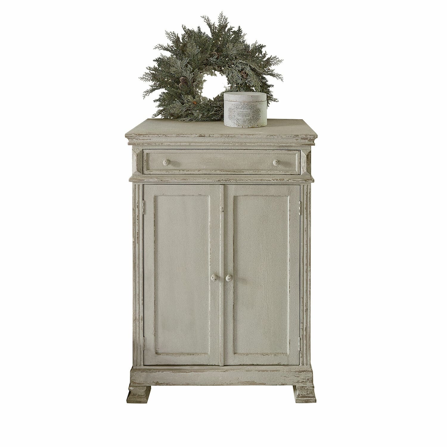 Credenza bassa Héloinette Comò grigio in legno con cassetto e due ante, decorato con corona verde e scatola