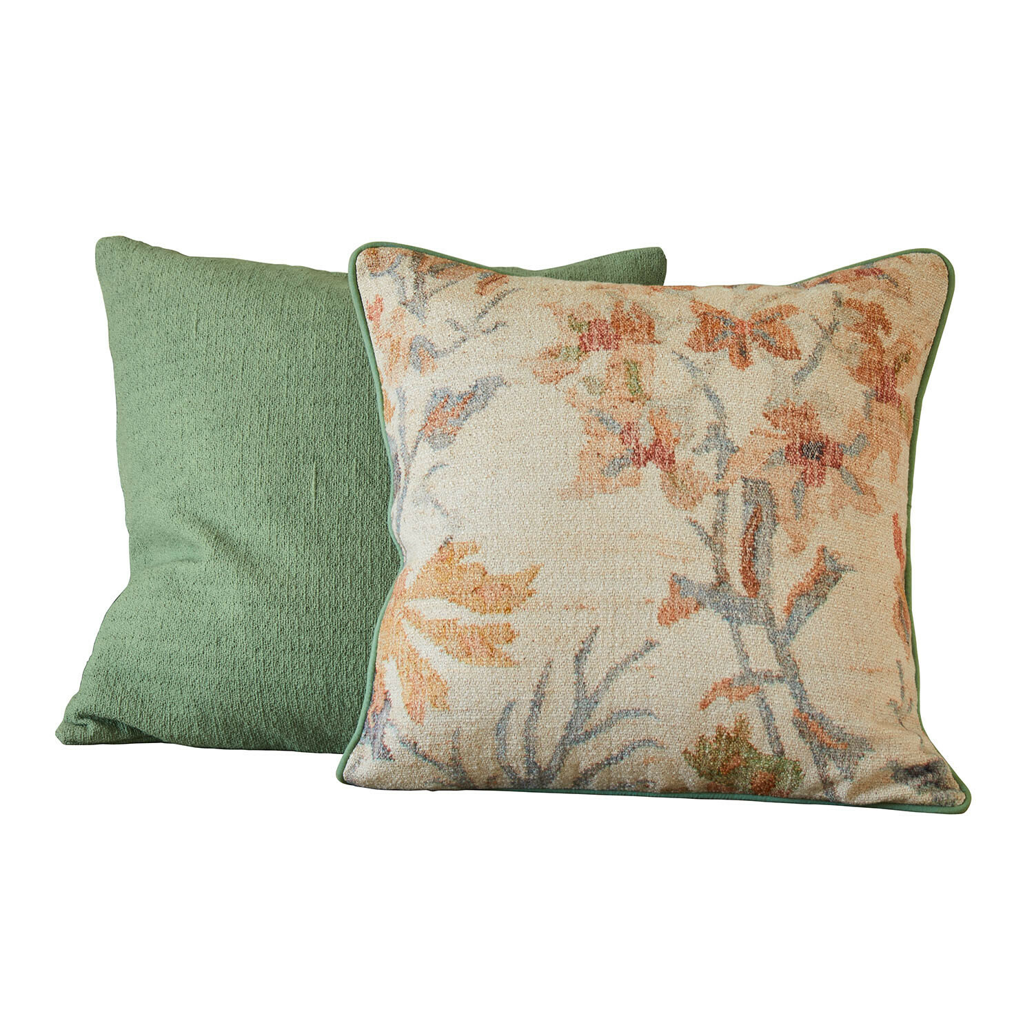 Coppia di copricuscini Osorno Set di due cuscini decorativi, uno verde e uno con motivo floreale su sfondo crema