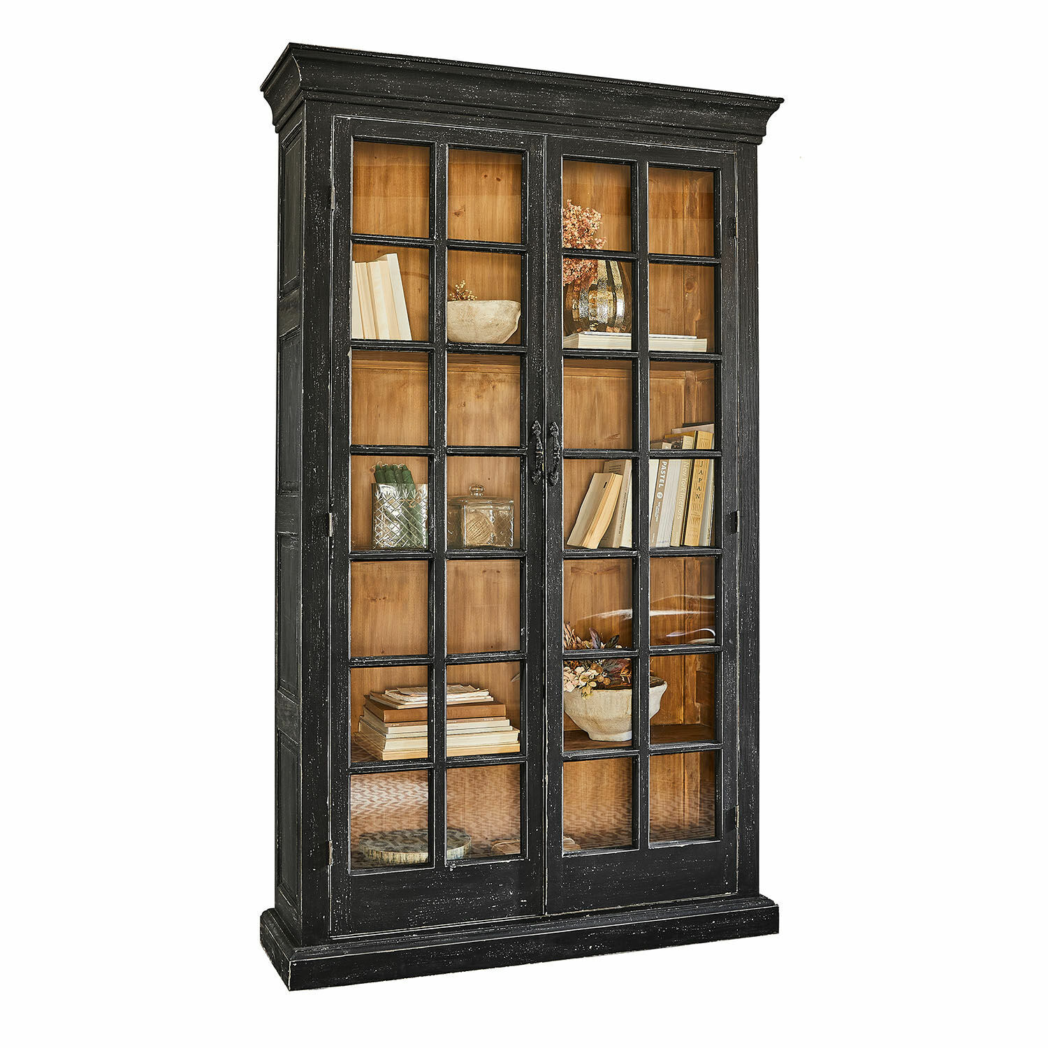 Mobile alto Mervique Vetrina in legno nero con ante in vetro e interno naturale, mobile elegante per soggiorno