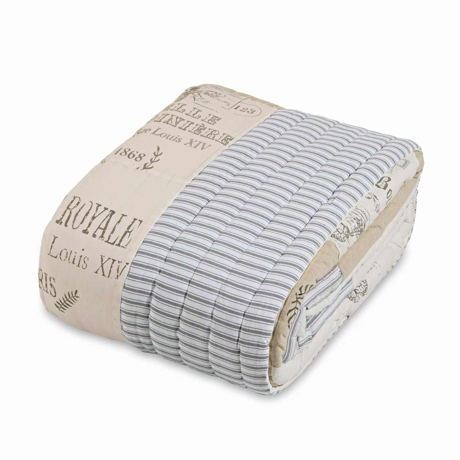 Trapunta Framingham Trapunta in cotone beige e grigia a righe con stampa testuale, biancheria da letto decorativa