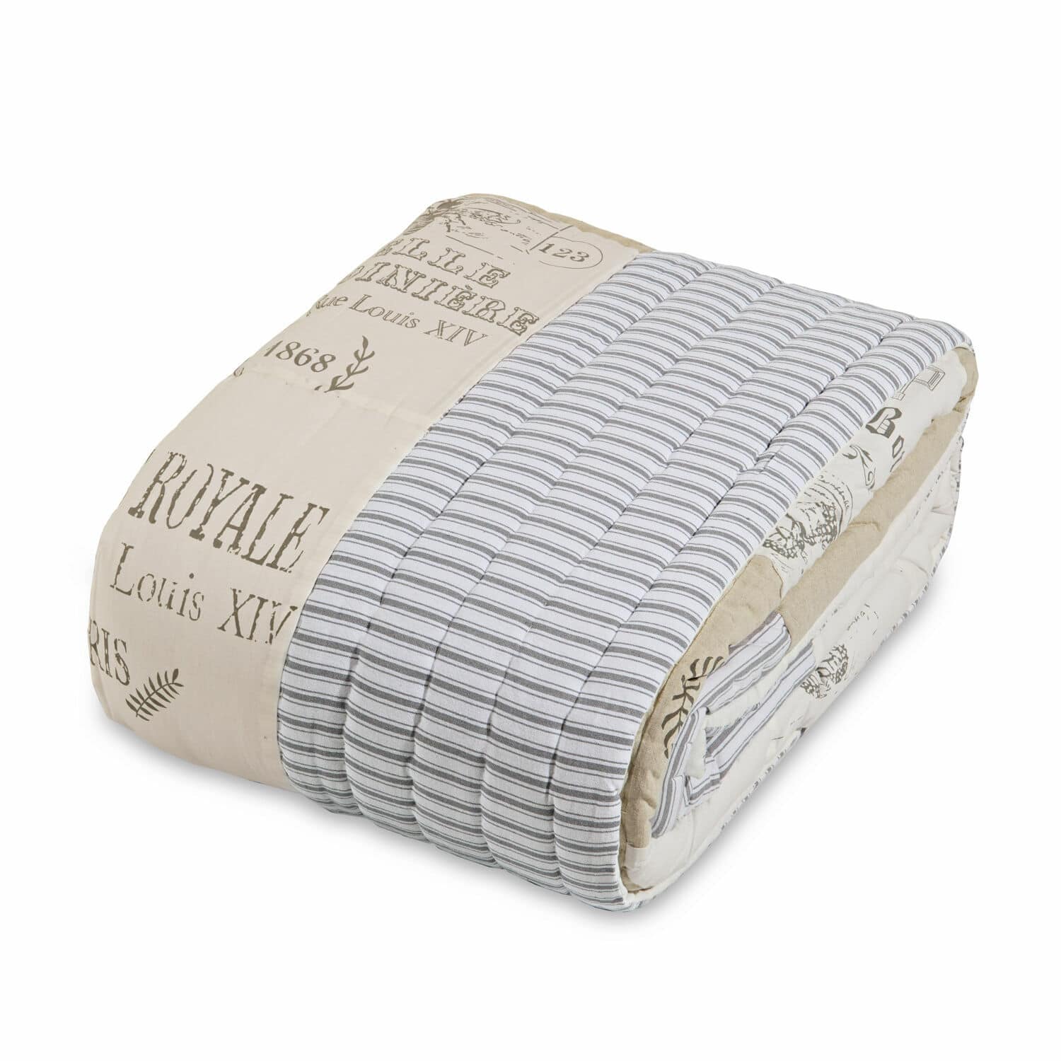Trapunta Framingham Trapunta in cotone beige e grigia a righe con stampa testuale, biancheria da letto decorativa