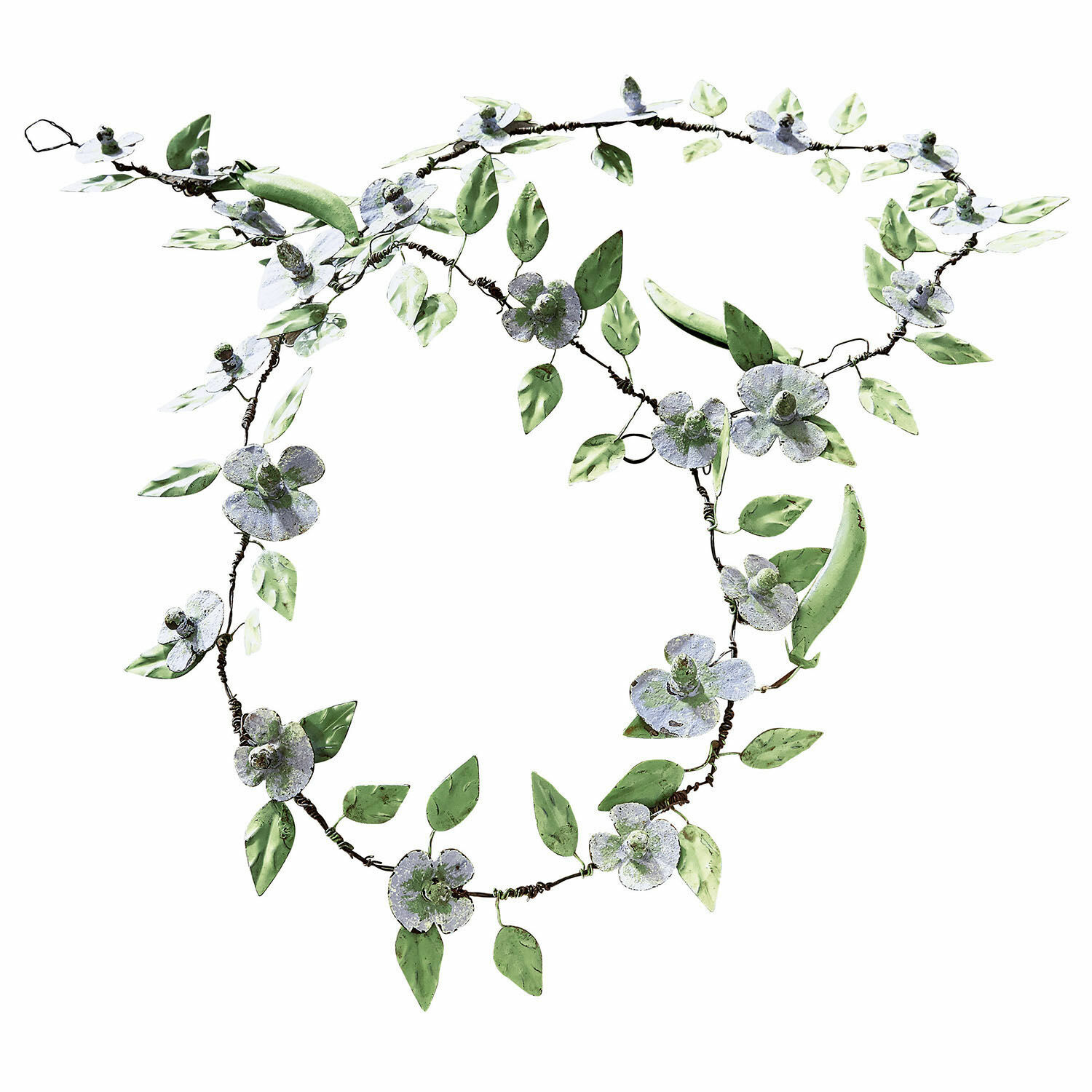 Festone Cecilia Ghirlanda decorativa in metallo con foglie verdi e fiori bianchi per interni e giardini
