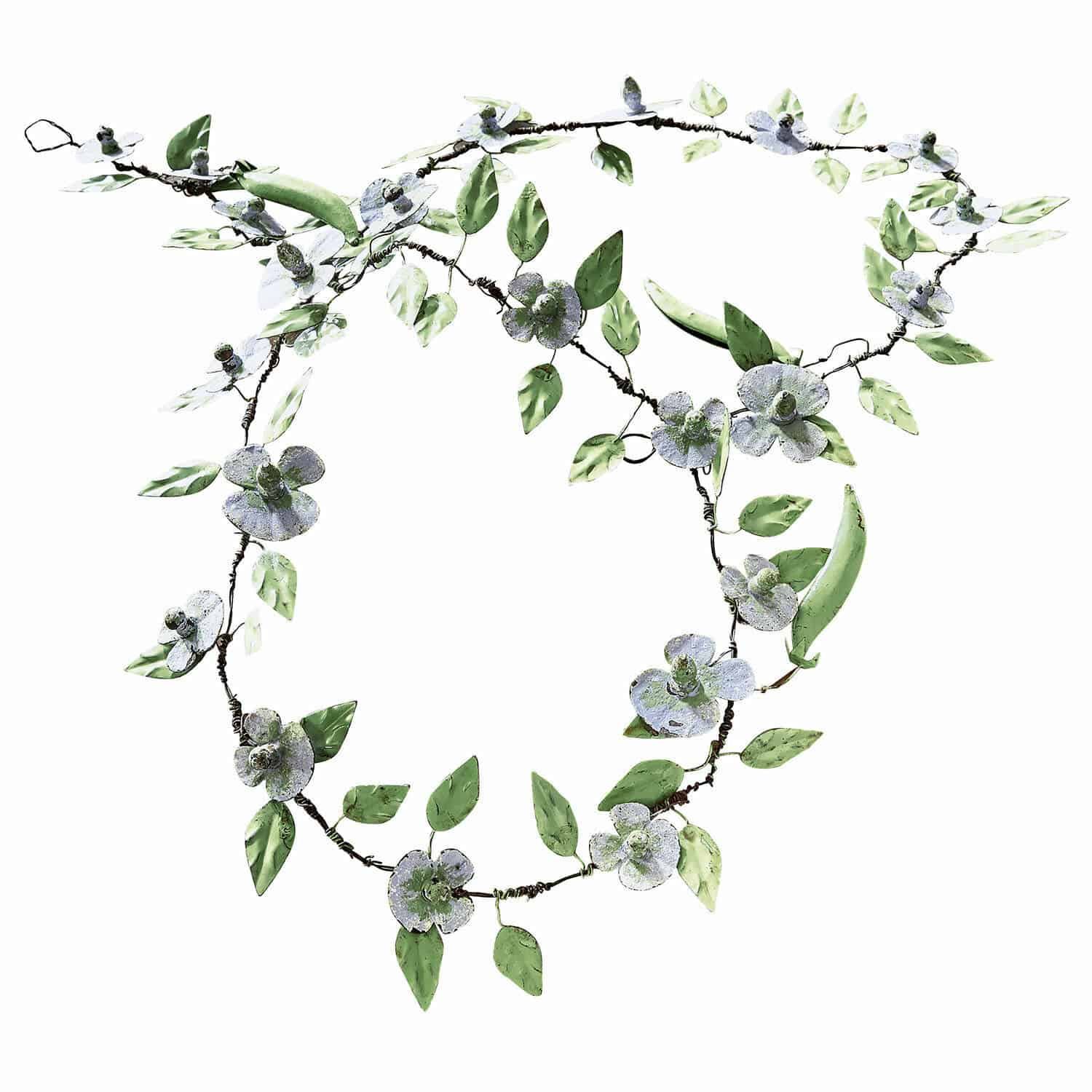 Festone Cecilia Ghirlanda decorativa in metallo con foglie verdi e fiori bianchi per interni e giardini