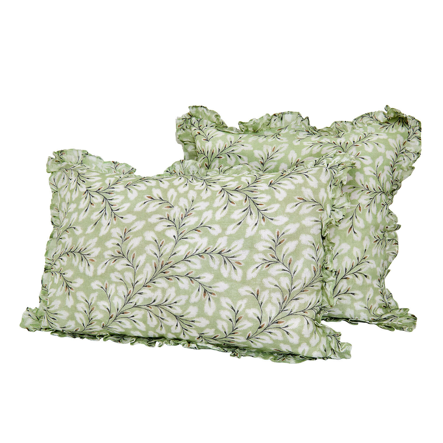 Coppia di copricuscini Norelline Cuscini verdi in cotone con motivo foglie bianche e volant, decorazione elegante per interni