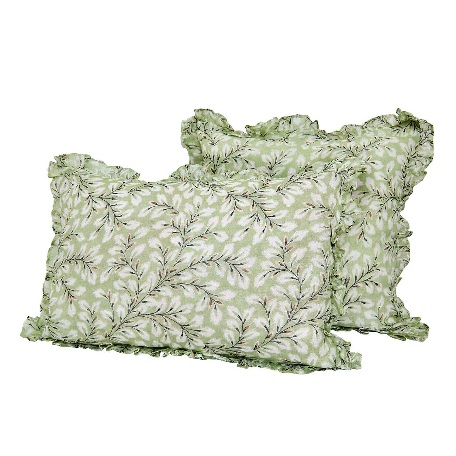 Coppia di copricuscini Norelline Cuscini verdi in cotone con motivo foglie bianche e volant, decorazione elegante per interni