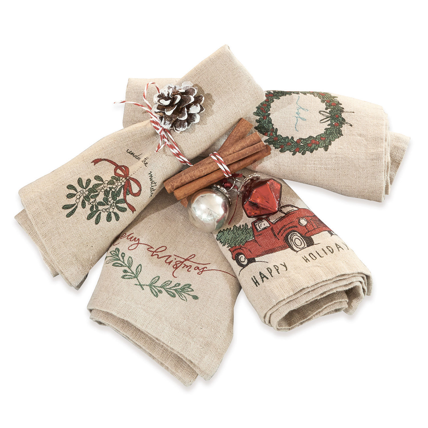 Set di 4 tovaglioli Camon Strofinacci in lino con motivi natalizi rossi e verdi, decorazioni festive per cucina
