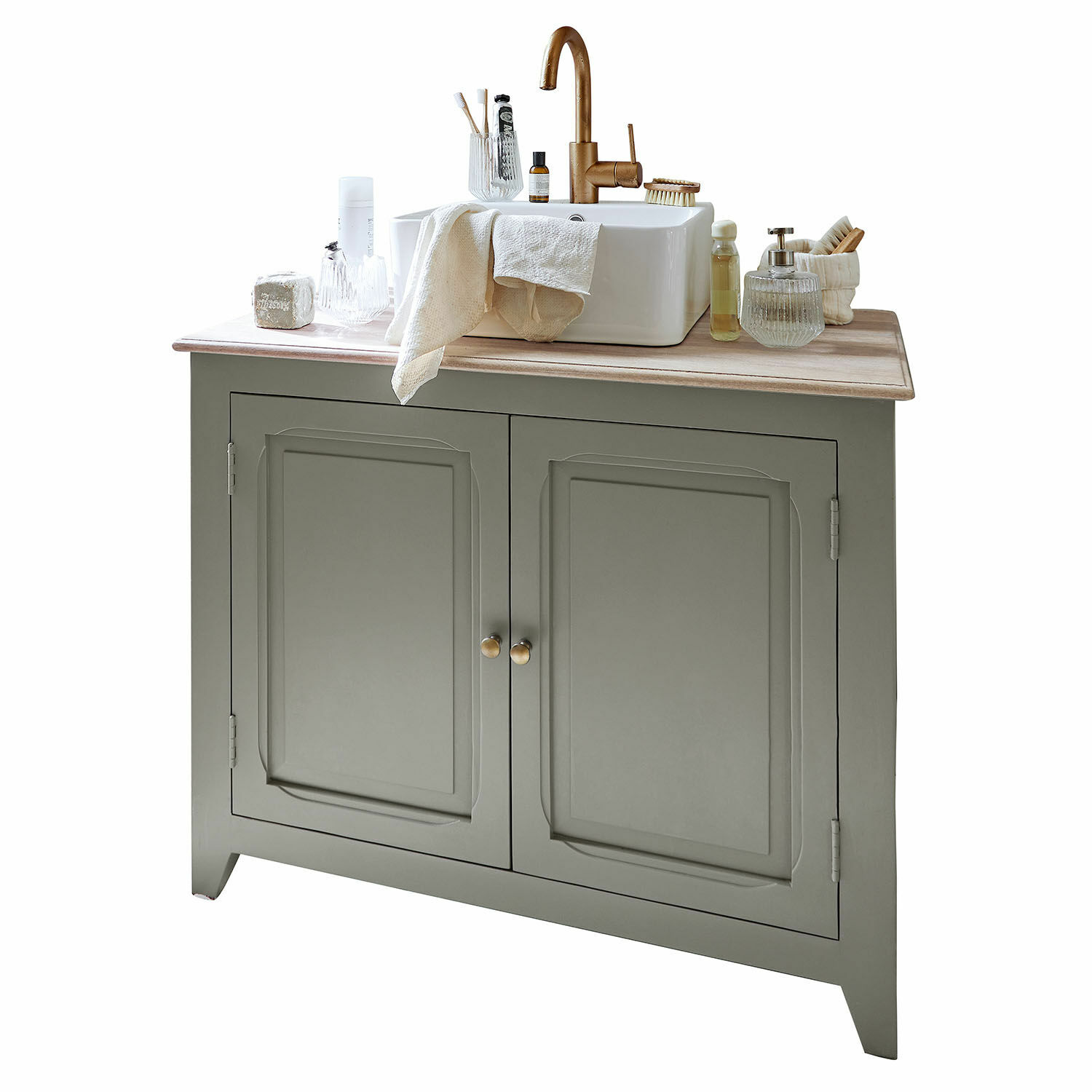 Mobile con lavabo Bastanès Mobile bagno verde con lavabo in ceramica bianca su piano in legno chiaro