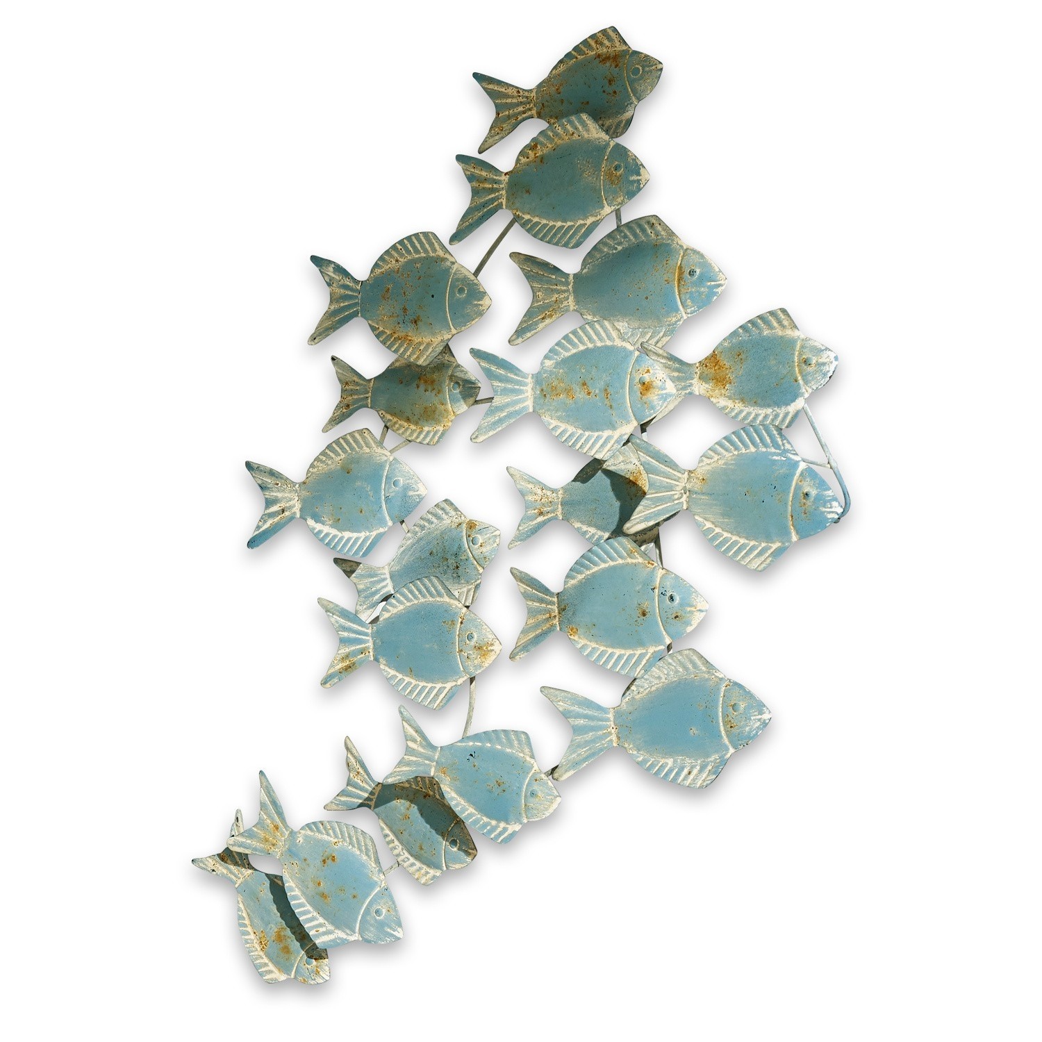 Decorazione per il muro Pesce Decorazione da parete in metallo con gruppo di pesci blu effetto invecchiato per interni