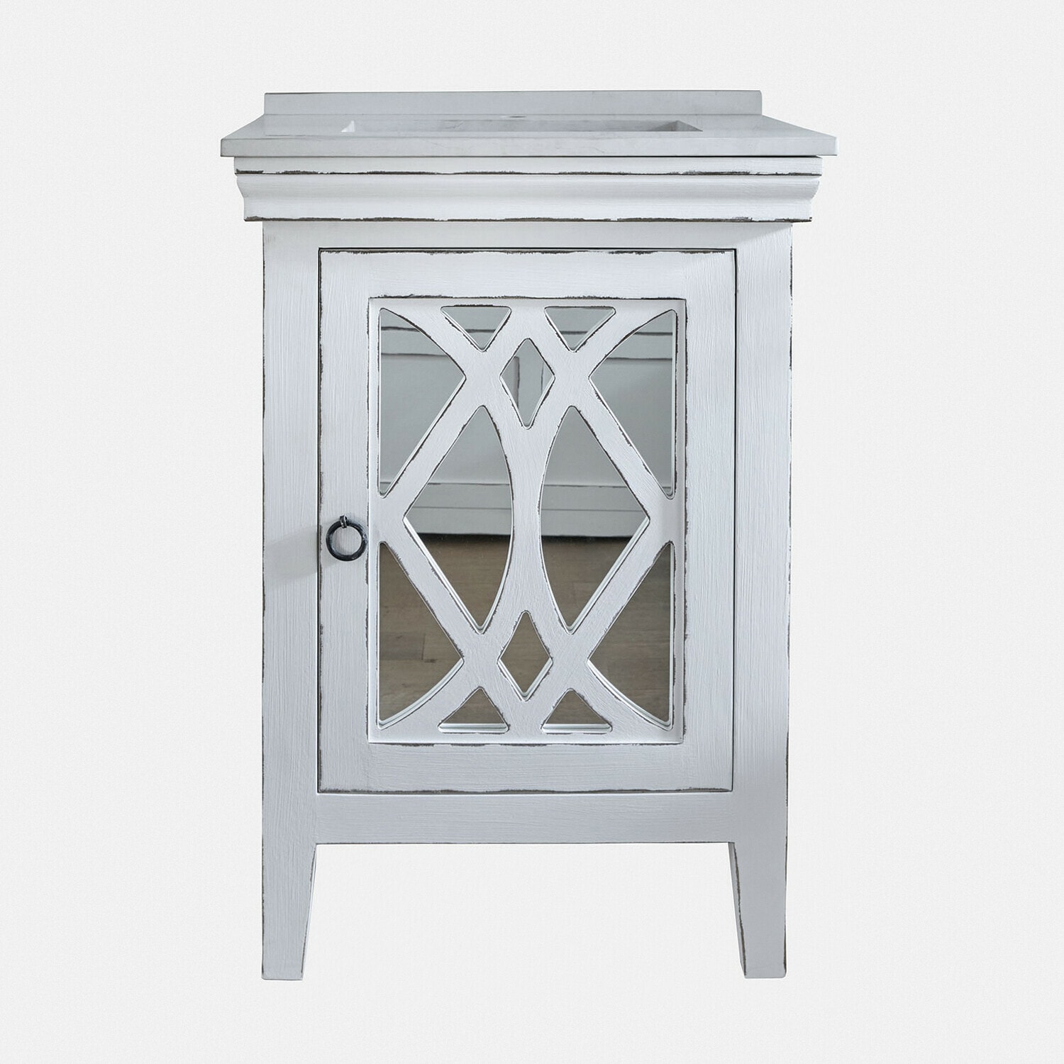 Mobile con lavabo Marvoux Mobile bianco in legno con specchio e motivo decorativo sulla porta per soggiorno o bagno