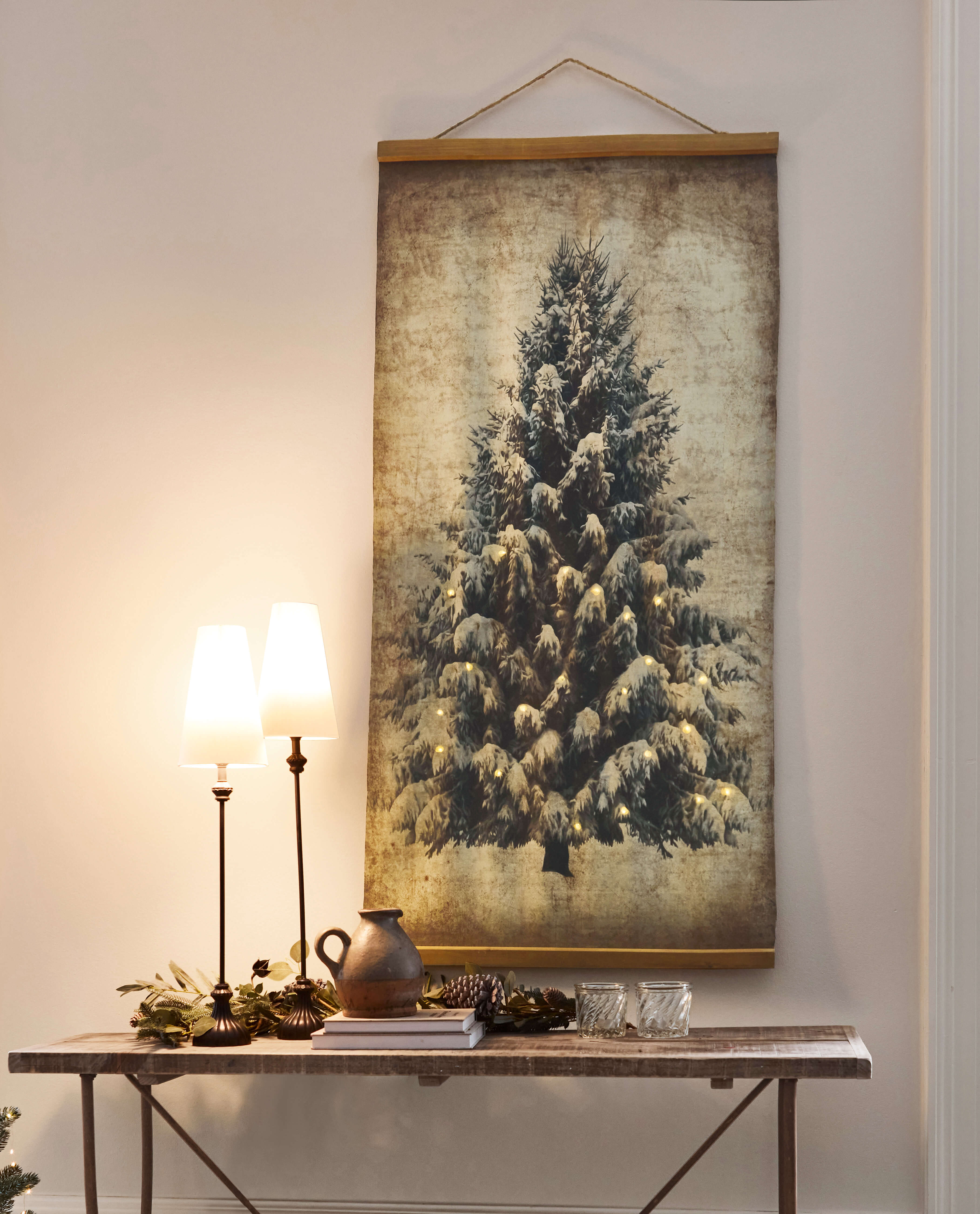 Quadro decorativo su tela con albero di Natale e luci LED, stile rustico per soggiorno