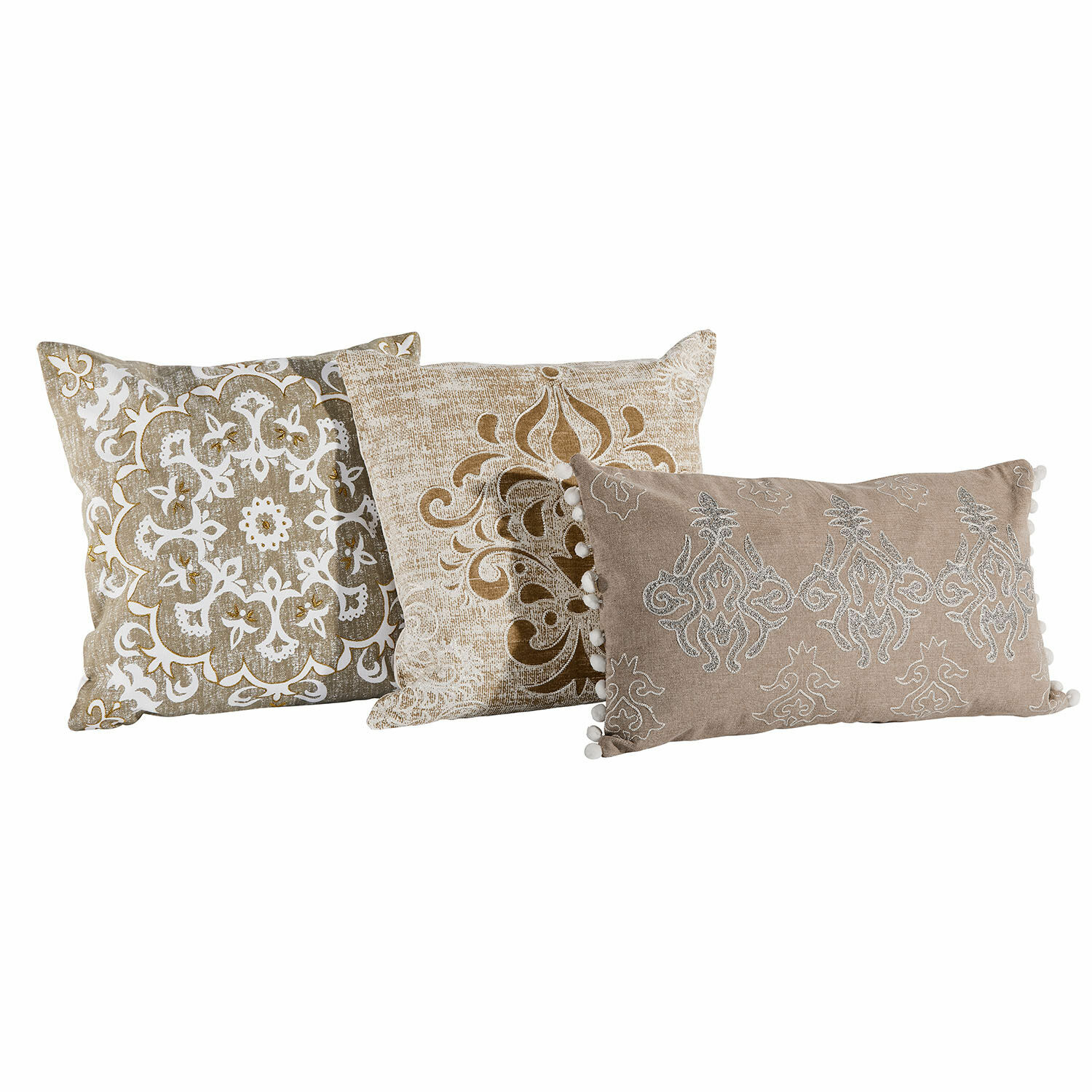 Set di 3 copricuscini Emelin Set di tre cuscini decorativi beige con motivi e pon pon, tessuti per il soggiorno