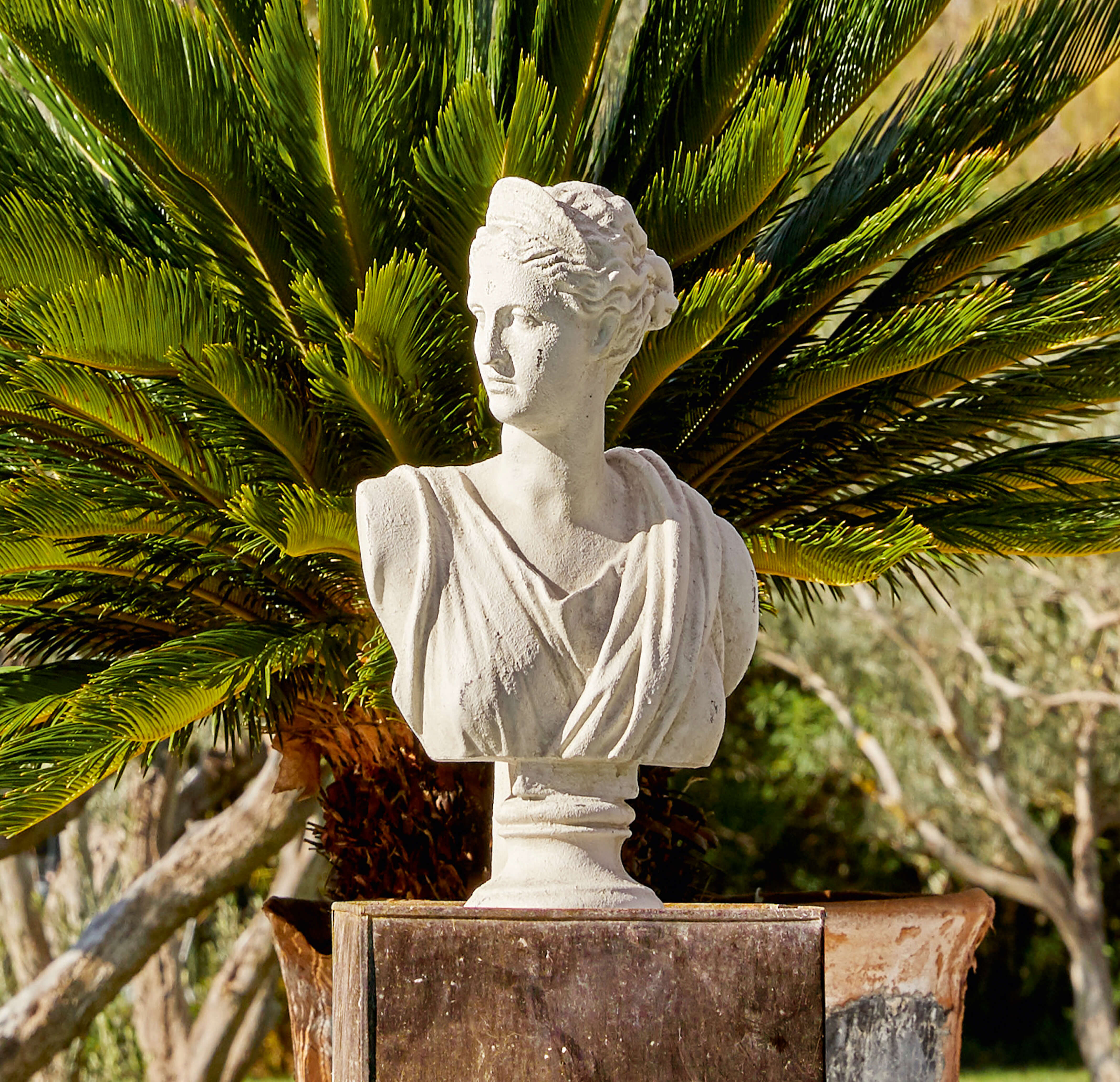 Busto bianco in pietra di donna davanti a foglie verdi di palma, decorazione da giardino