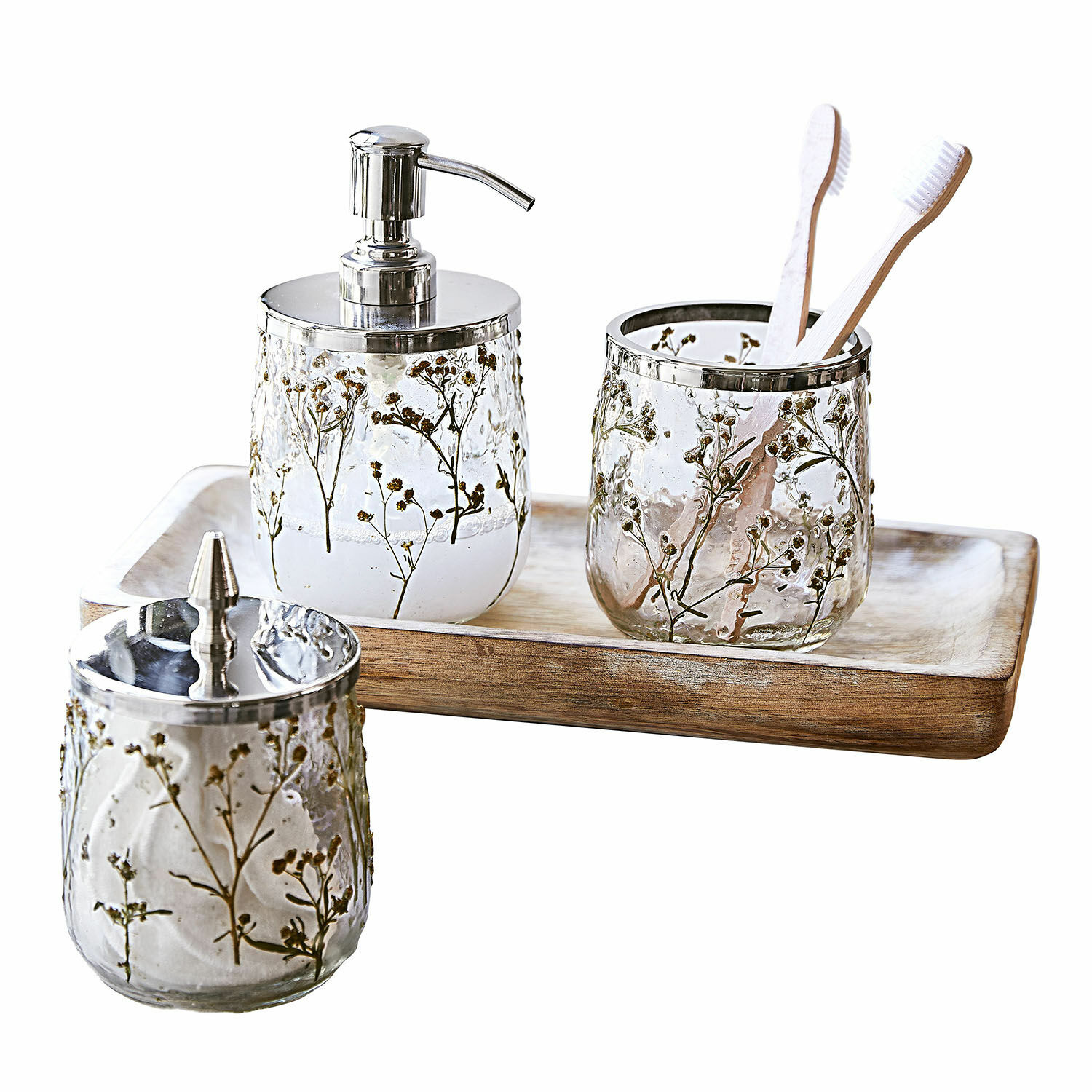 Set per bagno Elorisse Set da bagno in vetro con motivo di fiori secchi e dettagli metallici su vassoio in legno