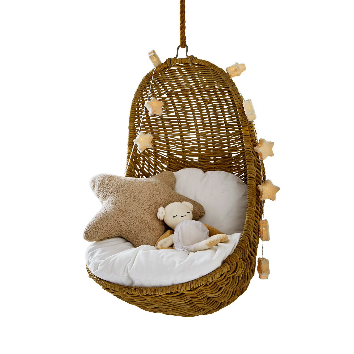 Poltrona sospesa per bambini Twinkla Sedia sospesa in rattan con cuscino bianco, cuscino a stella beige e bambola di peluche morbida