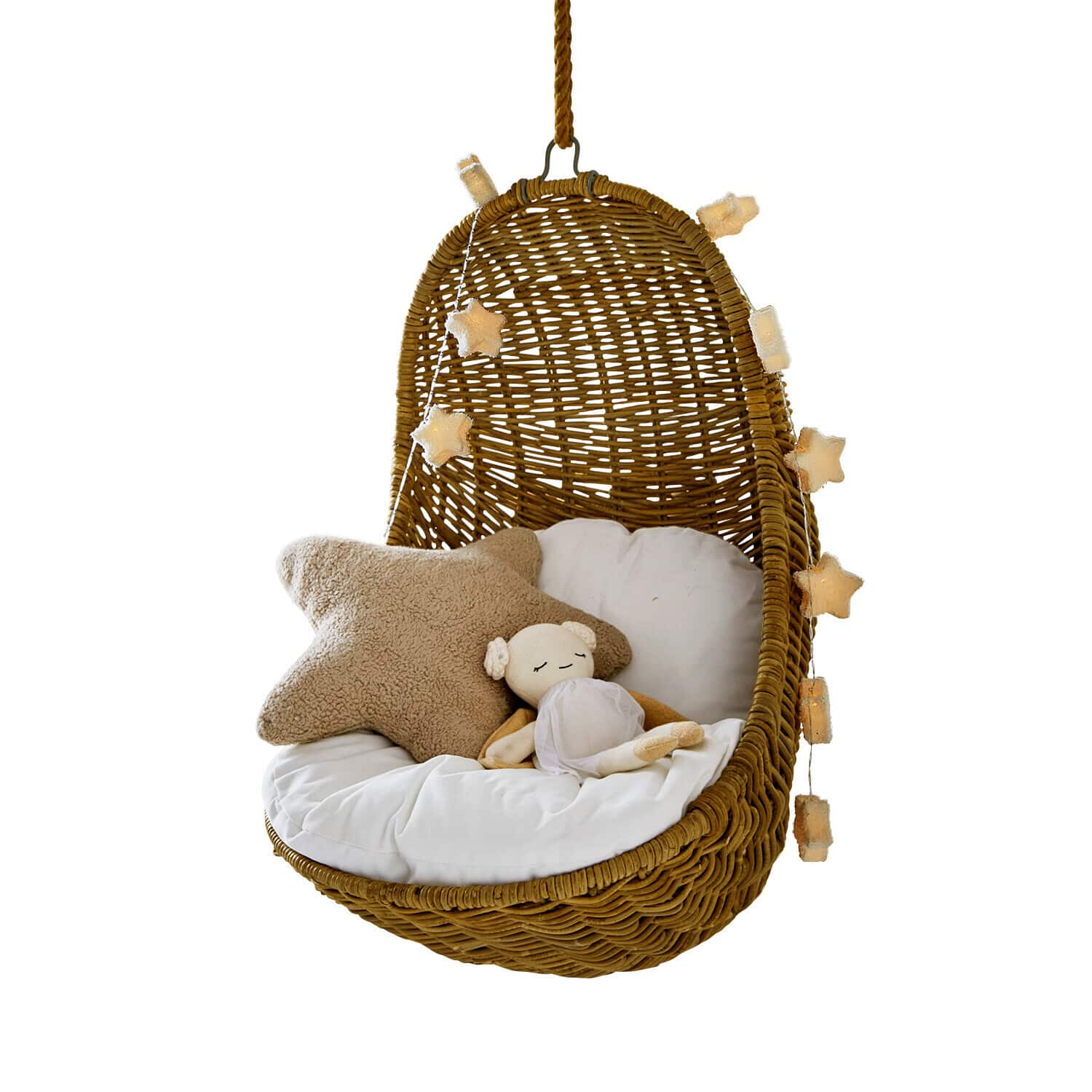 Poltrona sospesa per bambini Twinkla Sedia sospesa in rattan con cuscino bianco, cuscino a stella beige e bambola di peluche morbida