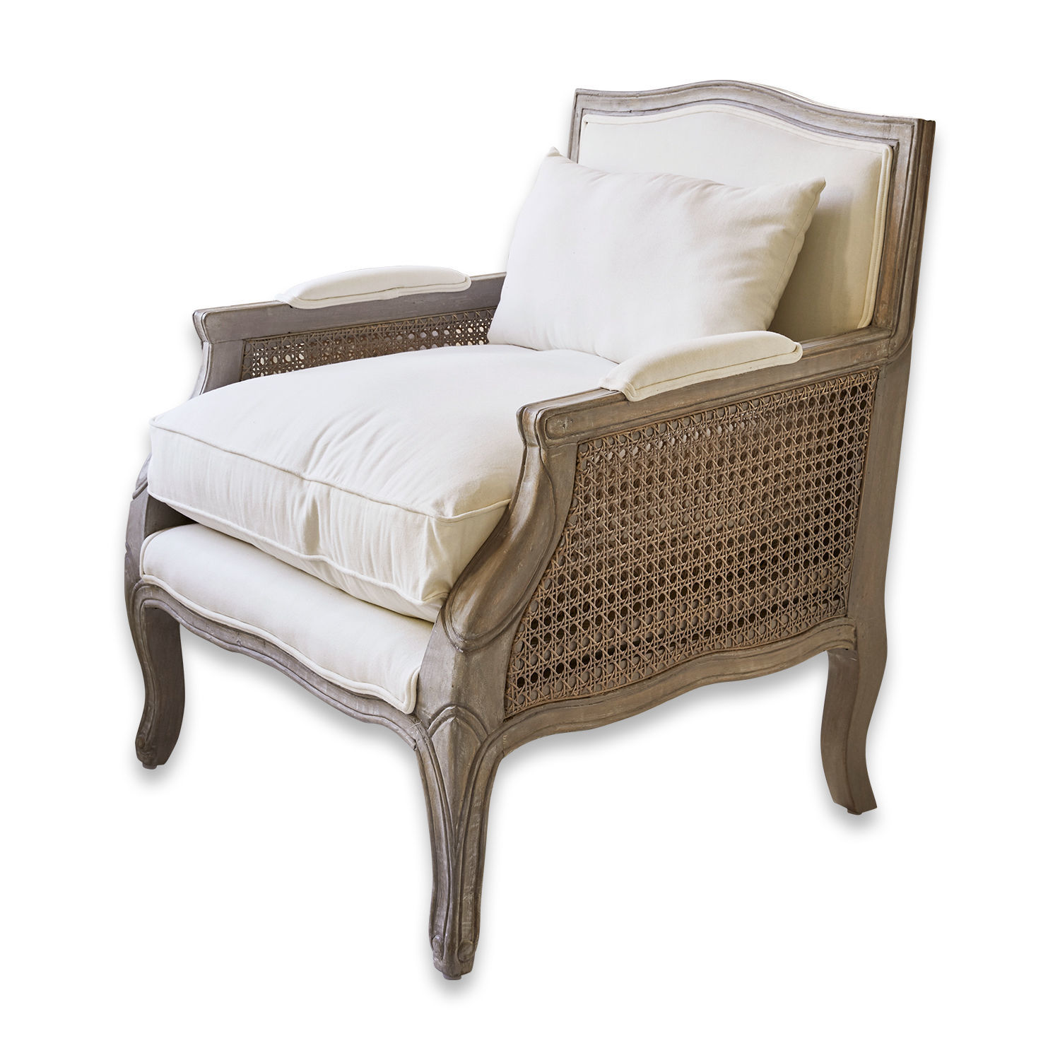 Poltrona Alfort Poltrona elegante in legno e rattan grigio con cuscini crema per soggiorno confortevole