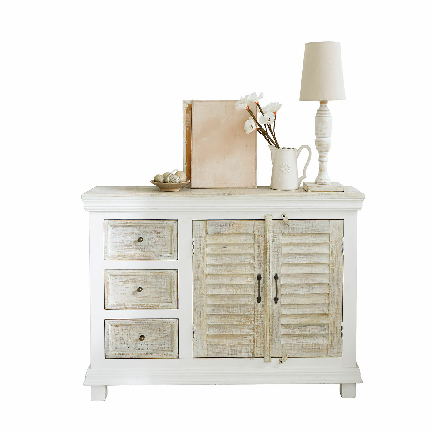 Mobile basso Nevellique Comò bianco in legno con tre cassetti e due ante in stile vintage con decorazioni