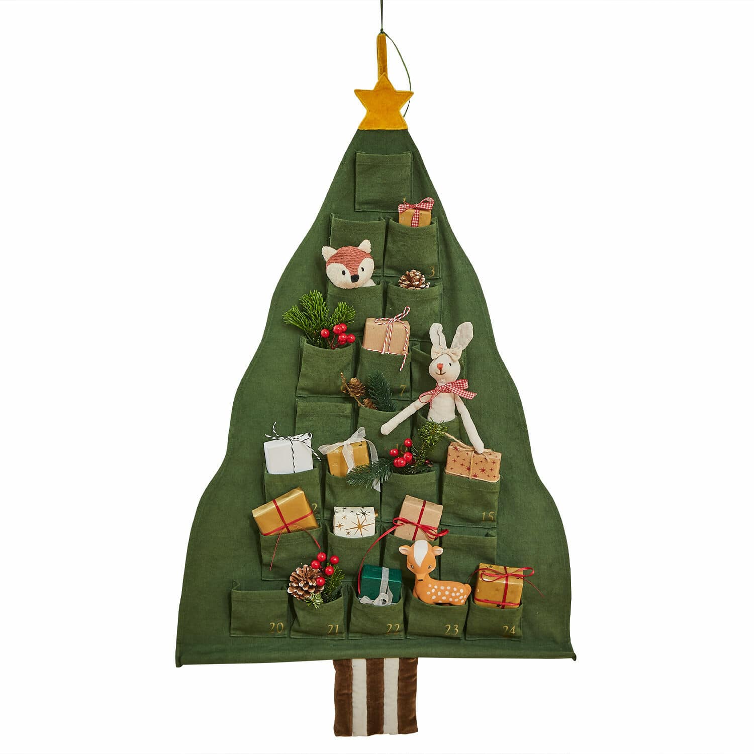 Calendario dell’Avvento Talira Calendario dell'Avvento in tessuto verde a forma di albero con tasche e decorazioni natalizie