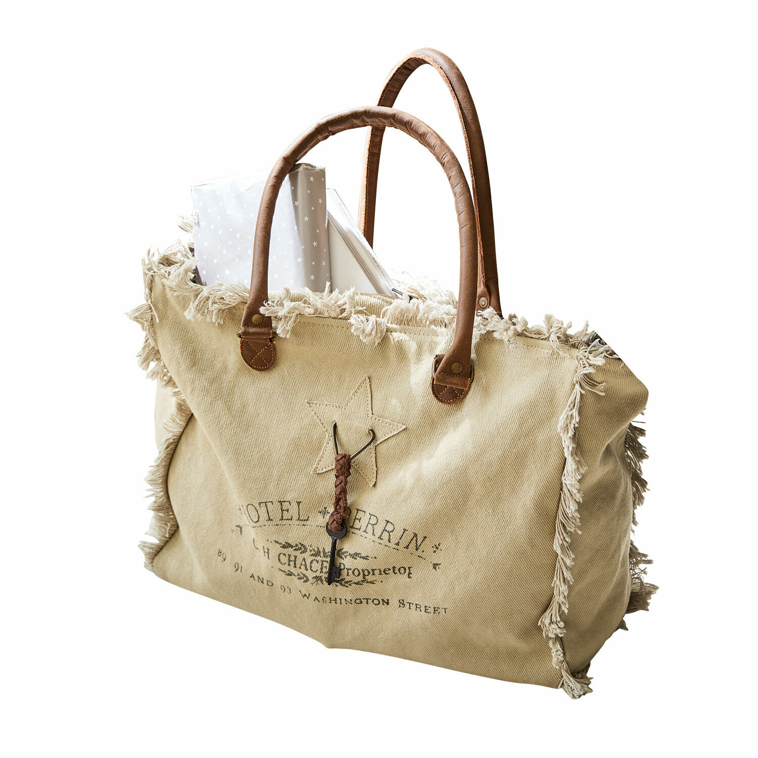 crema Borsa Elora in tessuto crema con manici marroni e frange decorative, stile vintage elegante