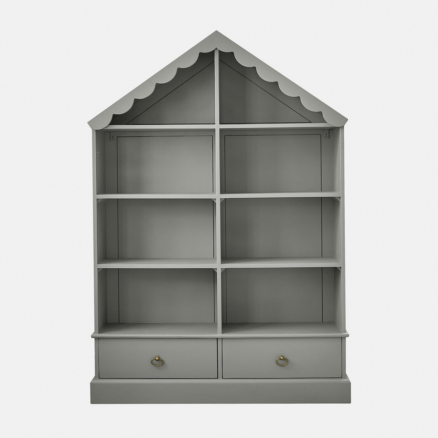Scaffale grigio in legno a forma di casa con tetto decorativo e due cassetti inferiori