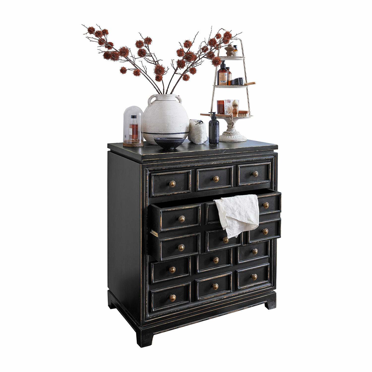 Cassettiera Néryville Comò nero in legno con molti cassetti e maniglie decorative in stile vintage