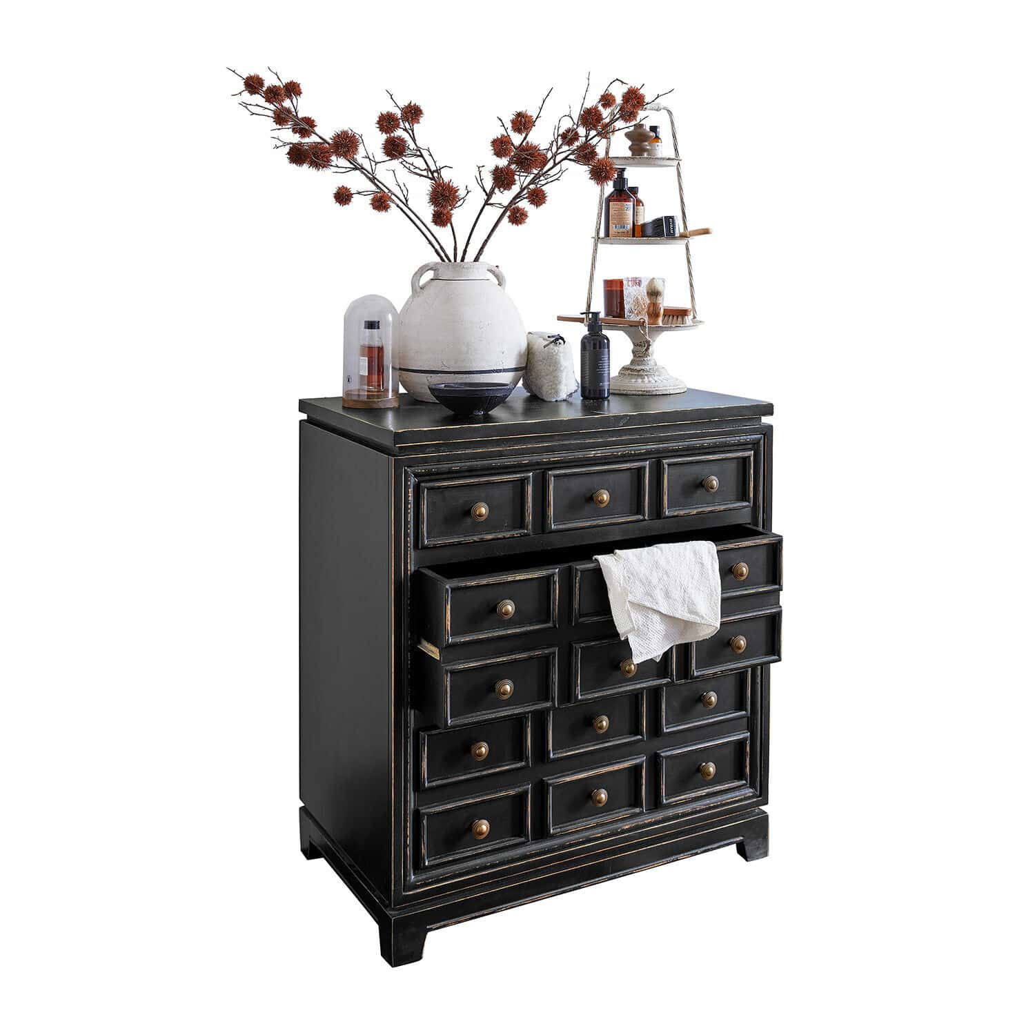 Cassettiera Néryville Comò nero in legno con molti cassetti e maniglie decorative in stile vintage